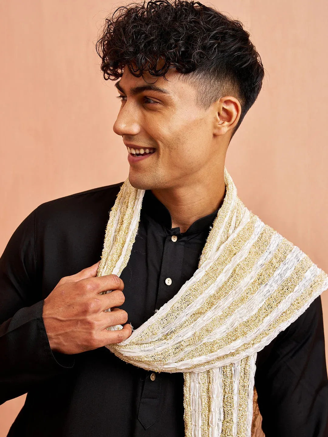 Men's Black Silk Blend Kurta Pyjama Set with Solid White Crushed Dupatta