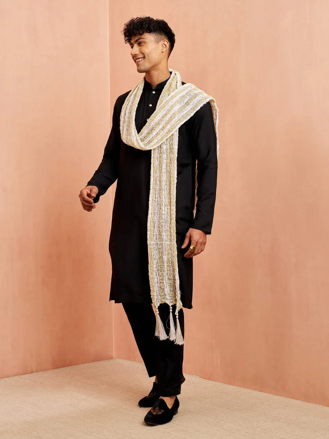 Men's Black Silk Blend Kurta Pyjama Set with Solid White Crushed Dupatta