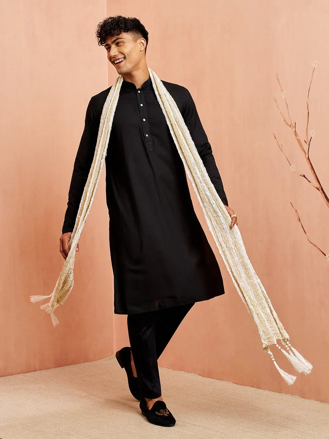 Men's Black Silk Blend Kurta Pyjama Set with Solid White Crushed Dupatta