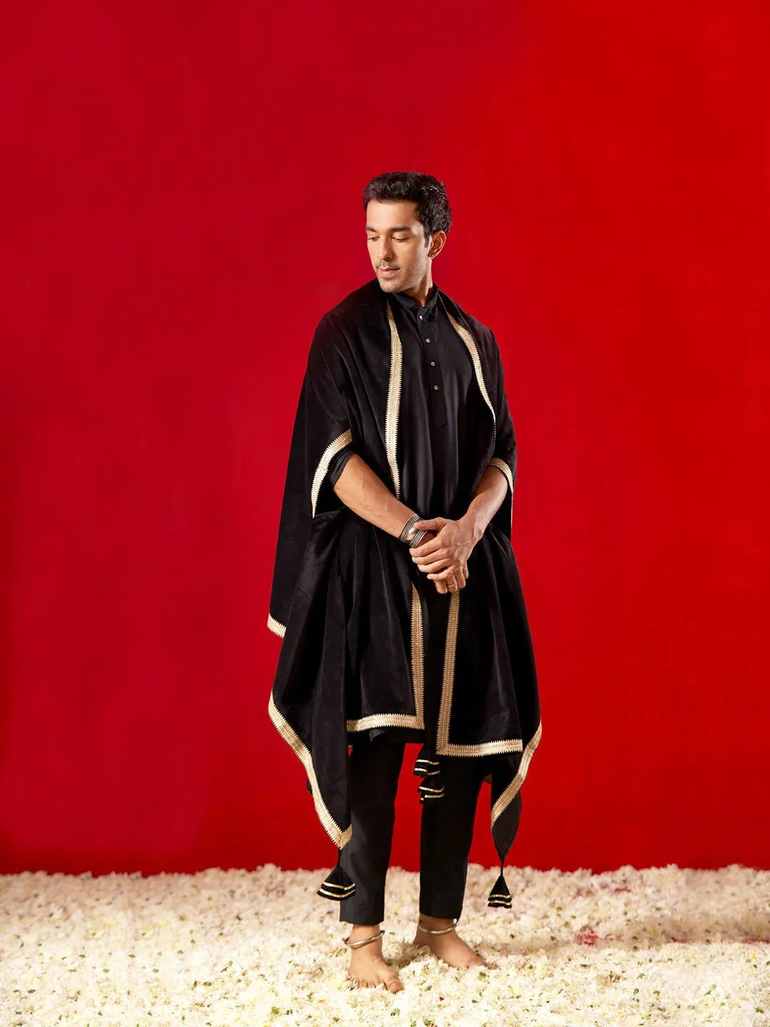 Men's Black Silk Blend Kurta Pyjama Set with Velvet Dupatta