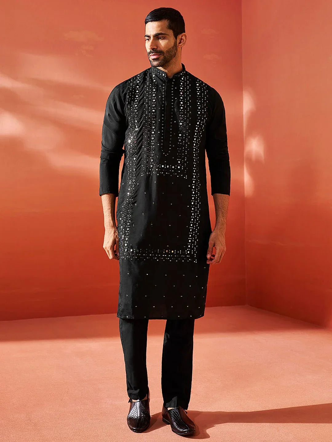 Men's Black Silk Blend Kurta Pyjama Set