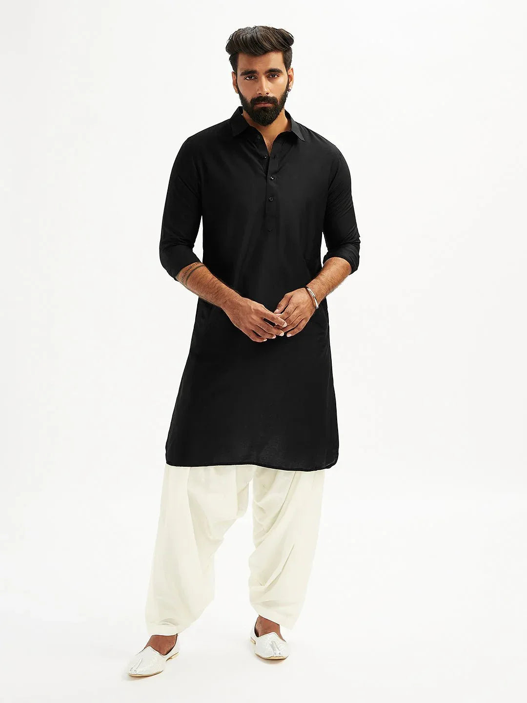 Men’s Black Solid Cotton Pathani Kurta