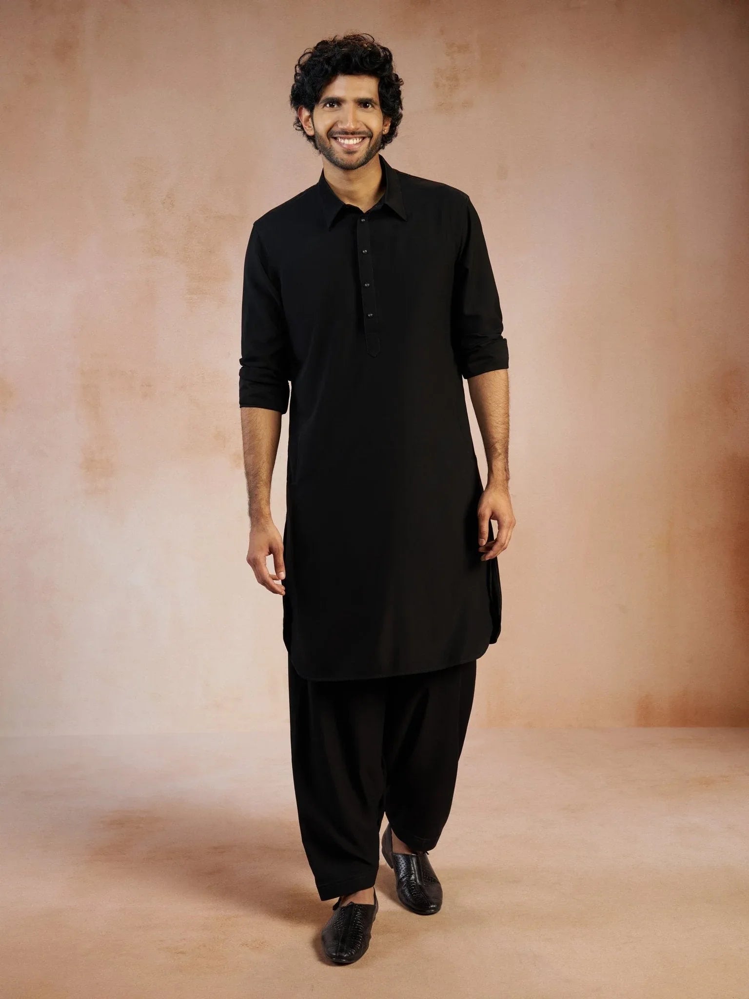 Men's Black Solid Silk Blend Pathani Kurta with Patiala Pyjama Set