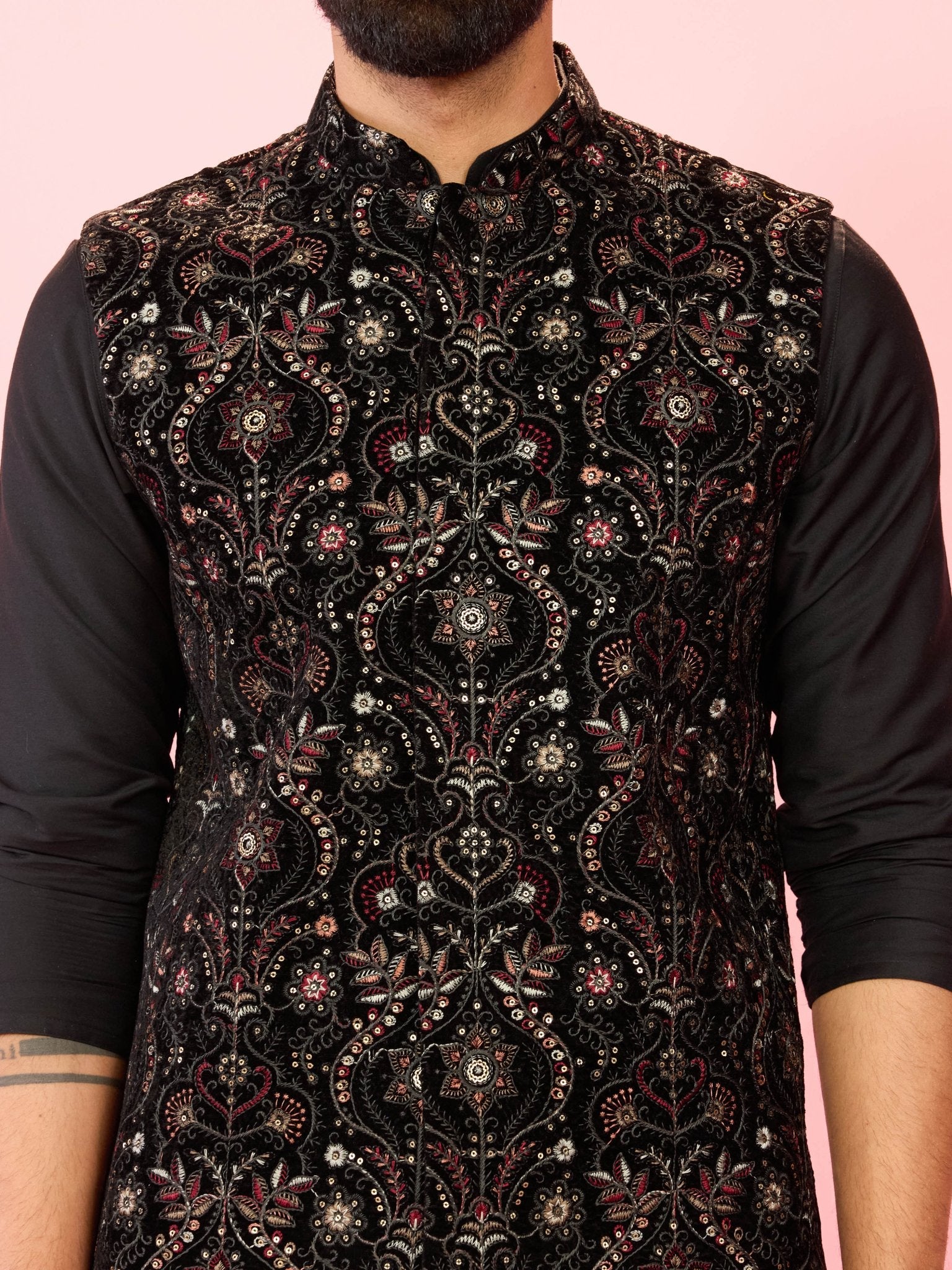 Men's Black Velvet Ethnic Motif Floral Thread Sequin Nehru Jacket