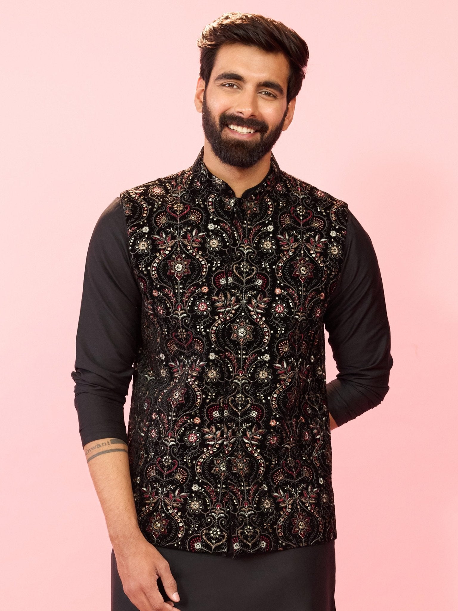 Men's Black Velvet Ethnic Motif Floral Thread Sequin Nehru Jacket