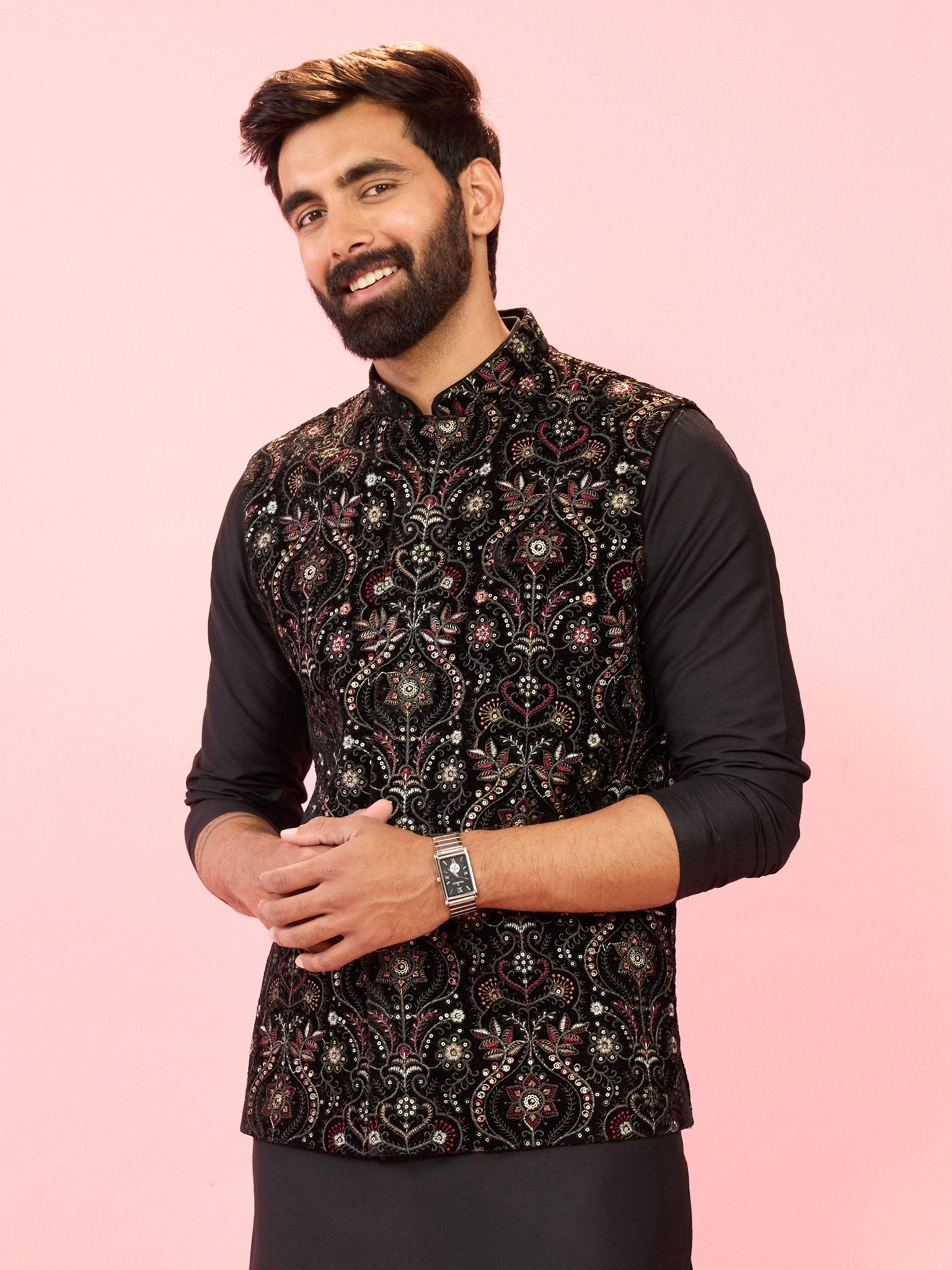 Men's Black Velvet Ethnic Motif Floral Thread Sequin Nehru Jacket