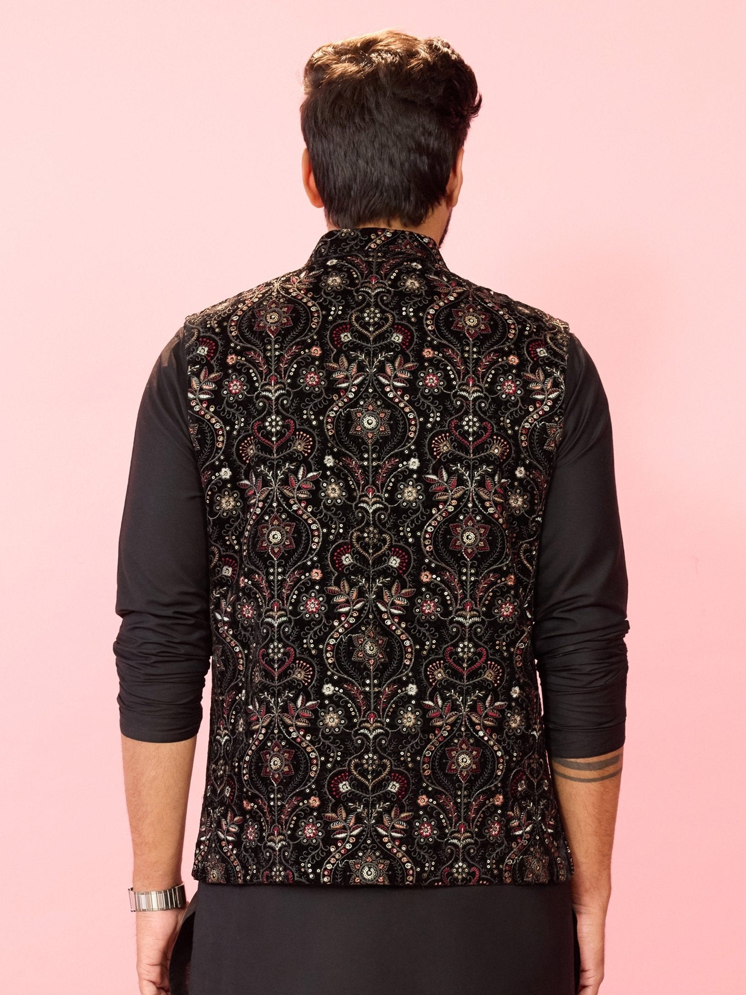 Men's Black Velvet Ethnic Motif Floral Thread Sequin Nehru Jacket