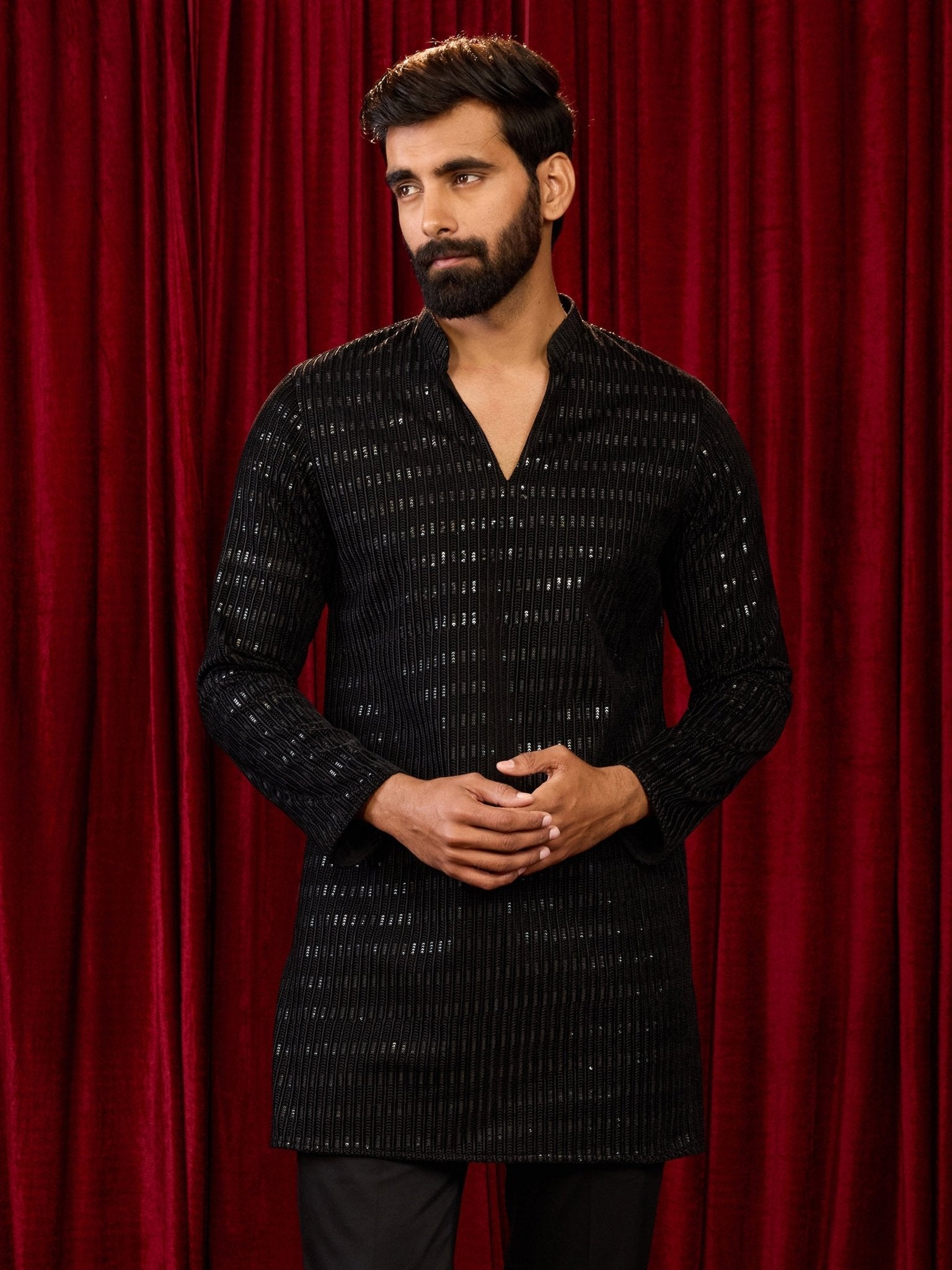 Men's Black Velvet Geometric Thread Sequin Embroidered Long Kurta