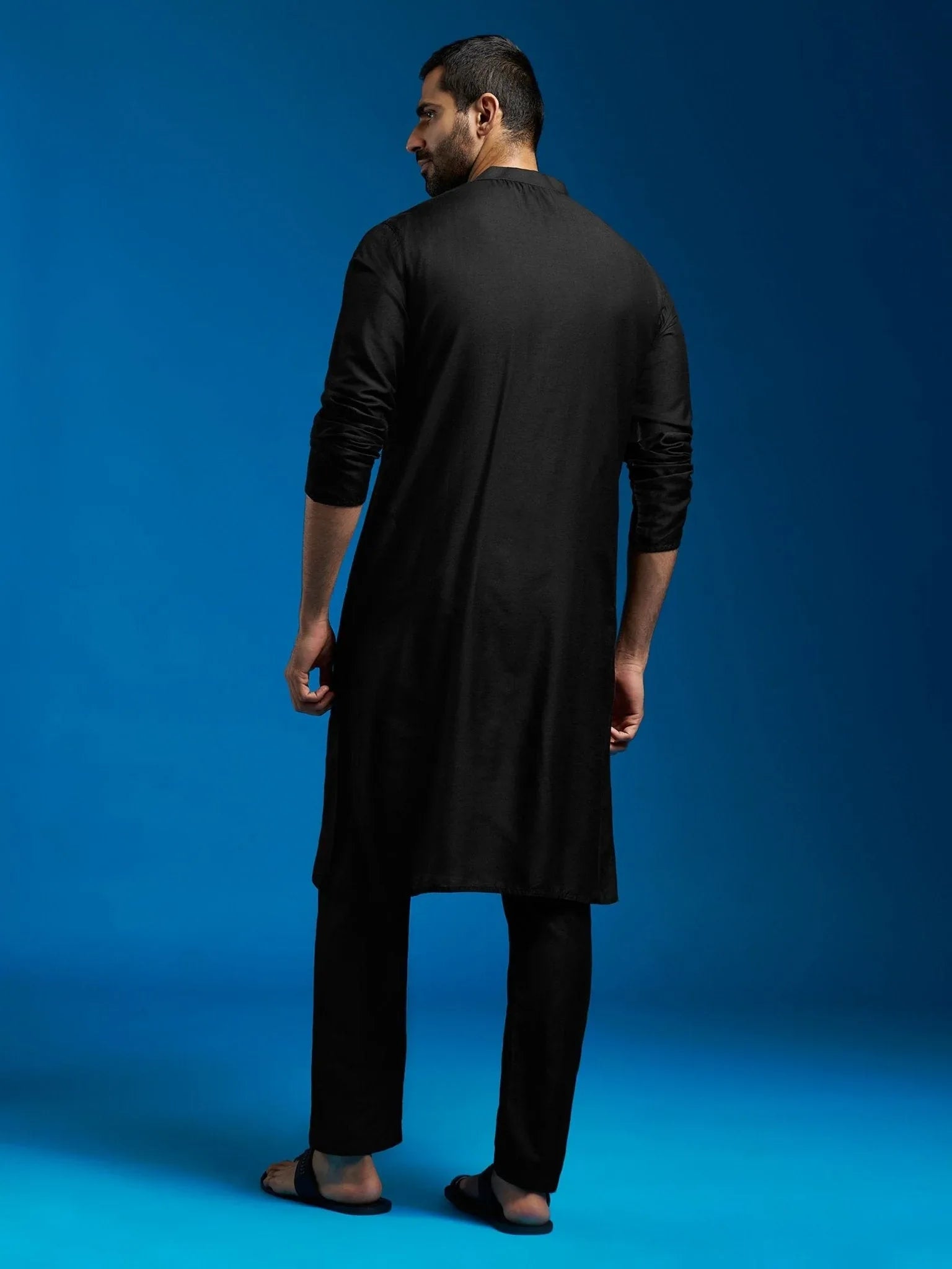 Men's Black Viscose Hand Embroidered Floral Kurta with Satin Pyjama