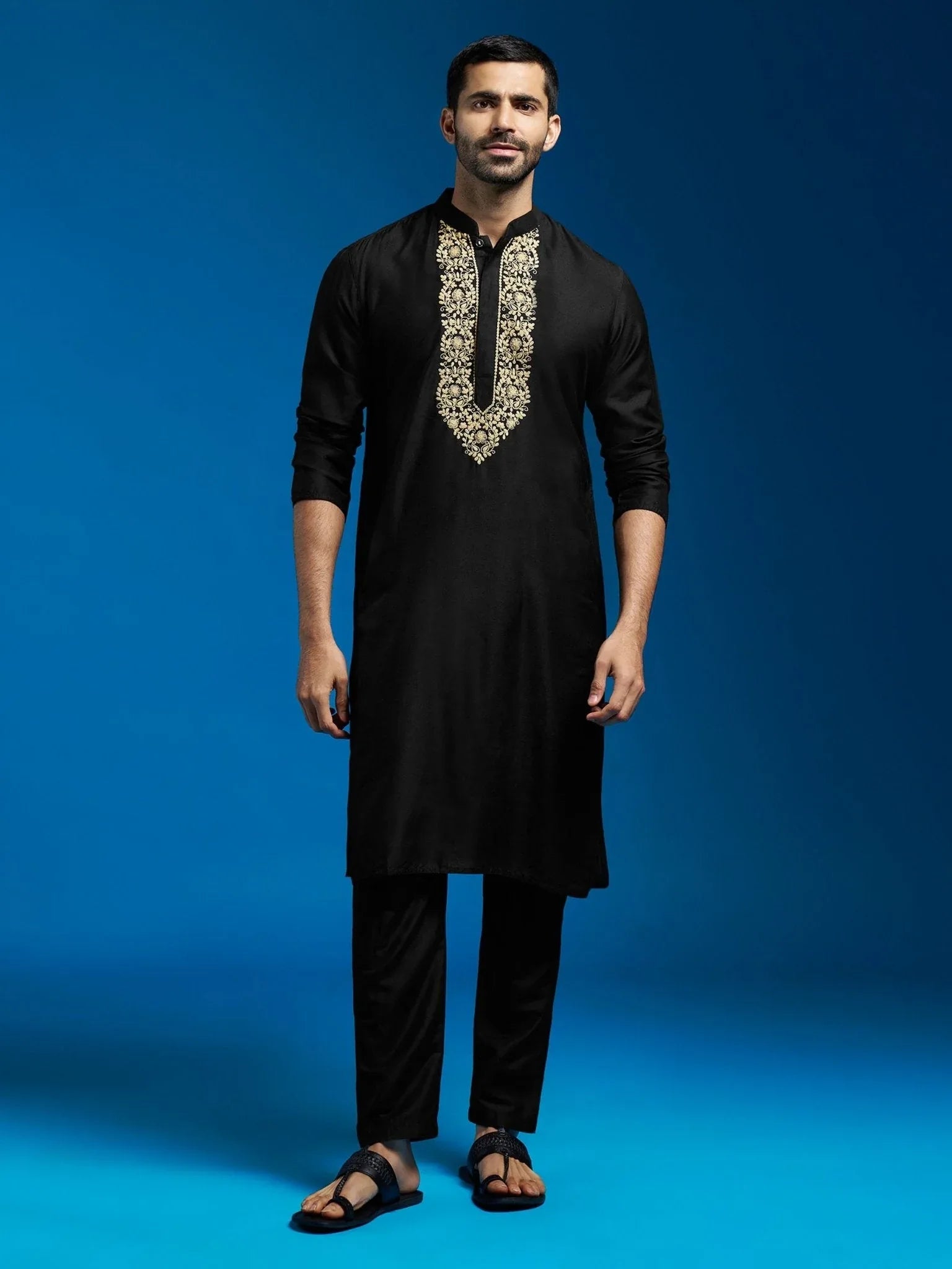 Men's Black Viscose Hand Embroidered Floral Kurta with Satin Pyjama