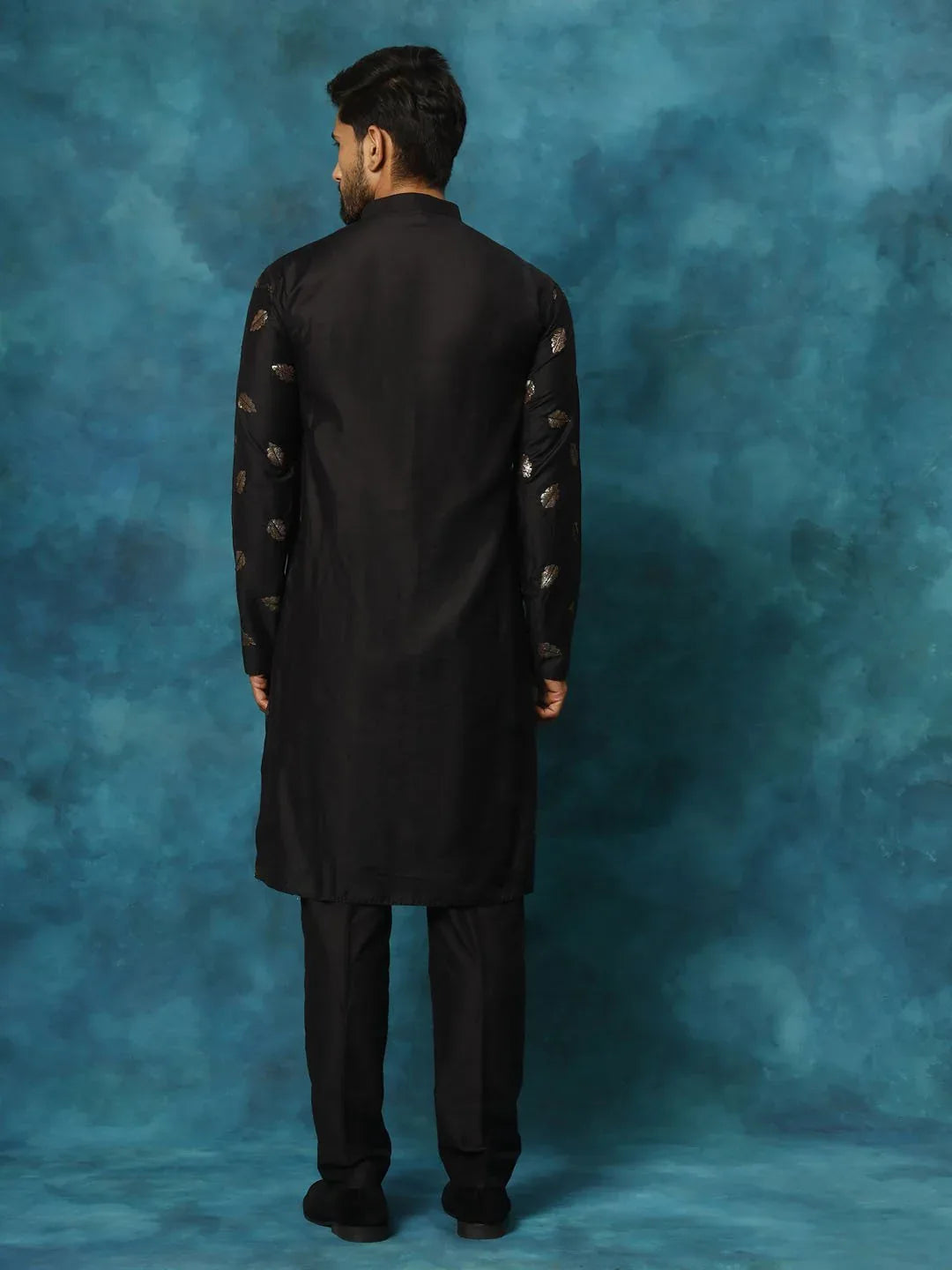 Men's Black Viscose Sequin Embroidered Kurta Pyjama Set