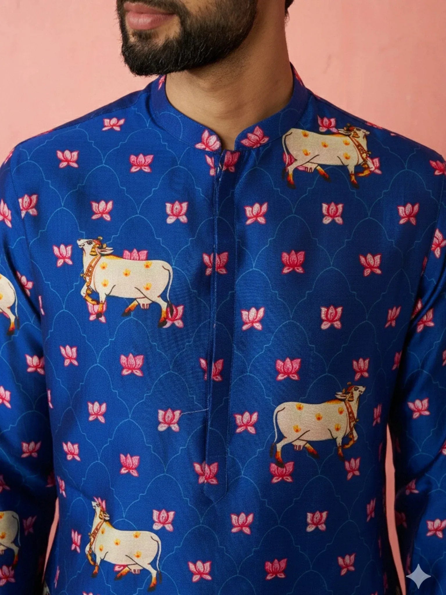 Men's Blue Digital Print Kurta with Cream Cotton Pyjama