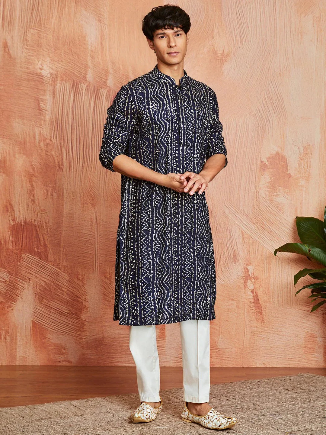 Men's Blue Foil Bandhani Digital Print Rayon Kurta with Cream Viscose Pyjama