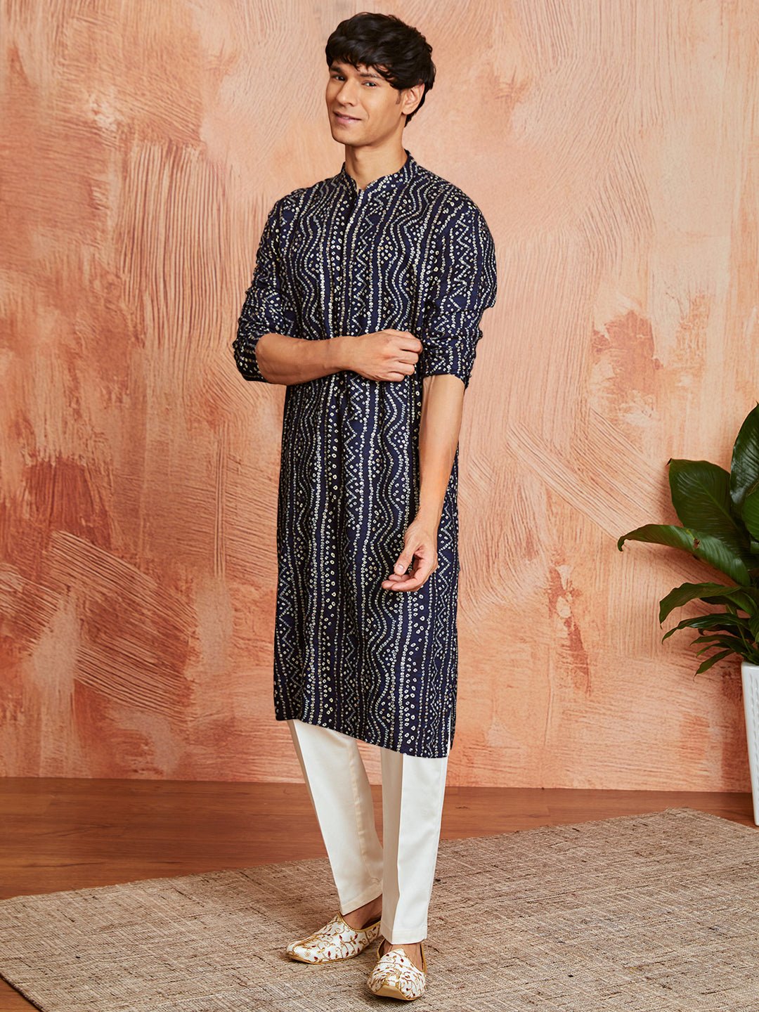 Men's Blue Bandhni Foil Print Rayon Kurta with Cream Pyjama