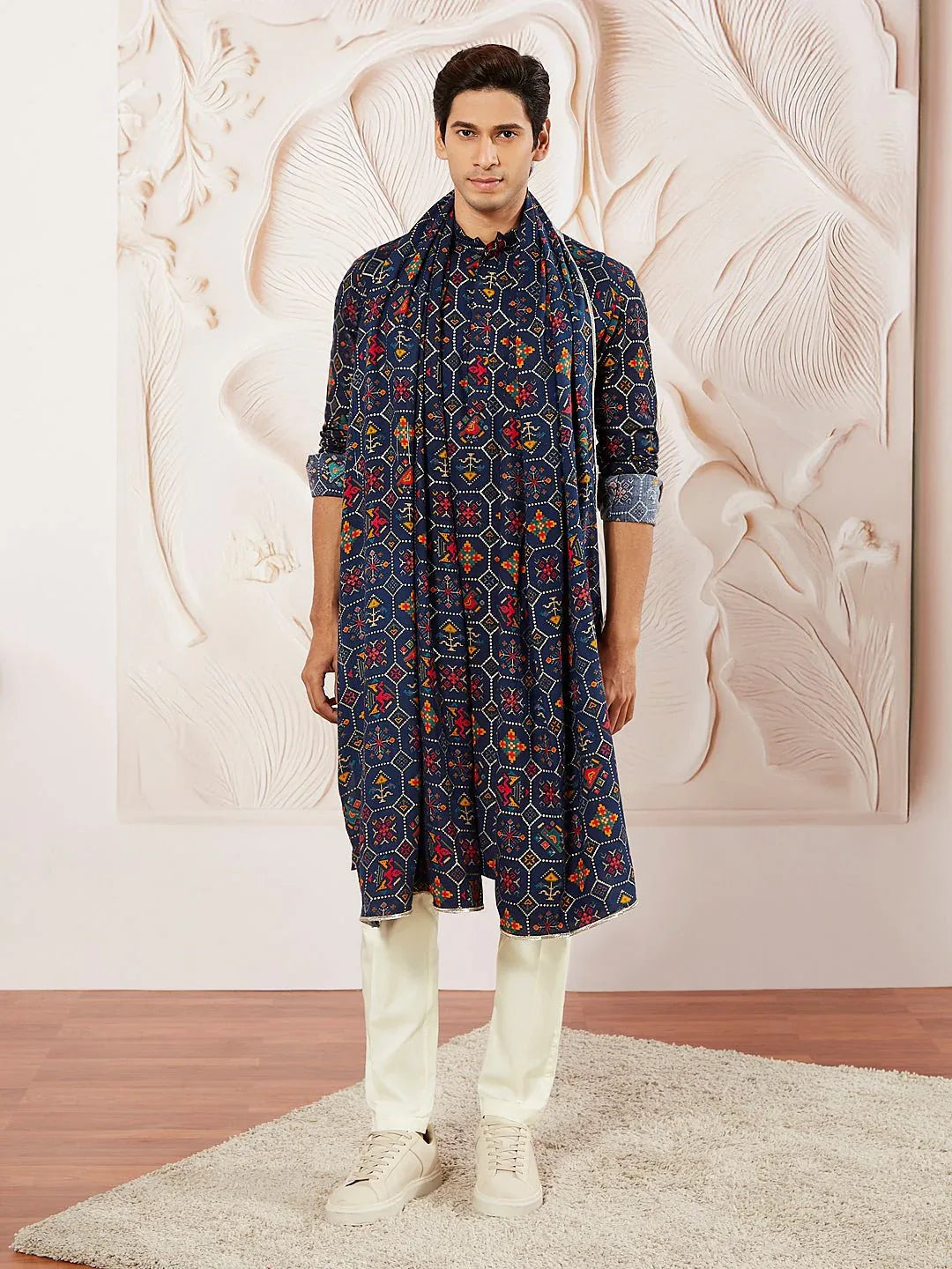 Men's Blue Printed Kurta Pyjama Set with Matching Dupatta