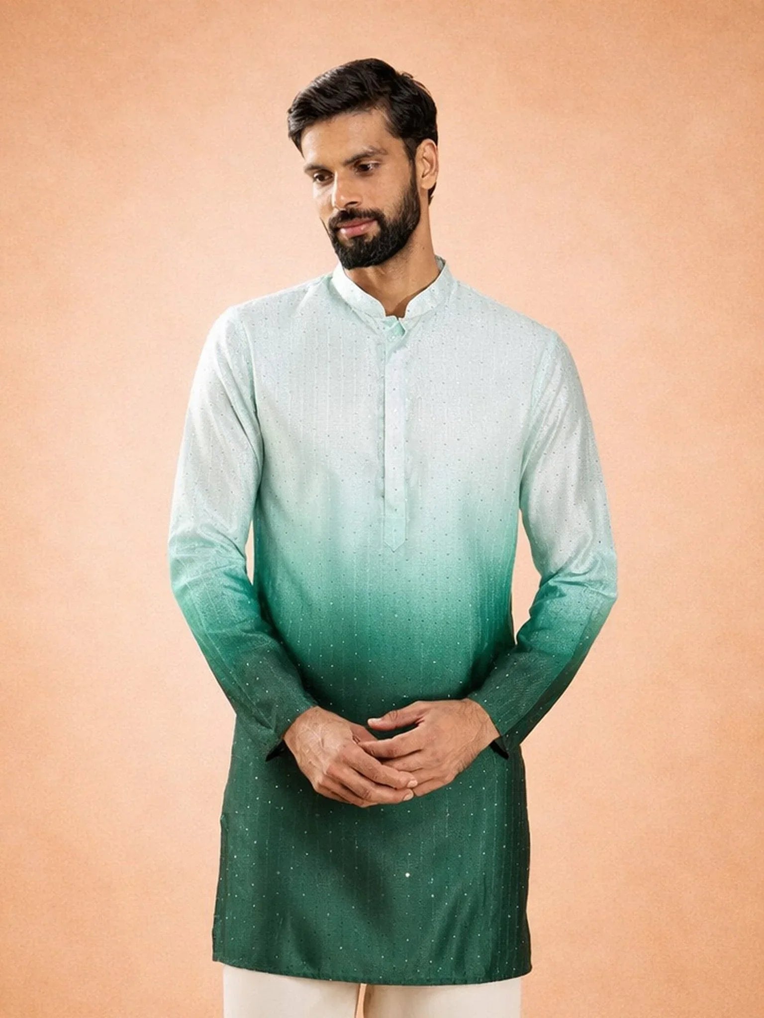 Men's Bottle Green Silk Blend Ombre Sequin Kurta
