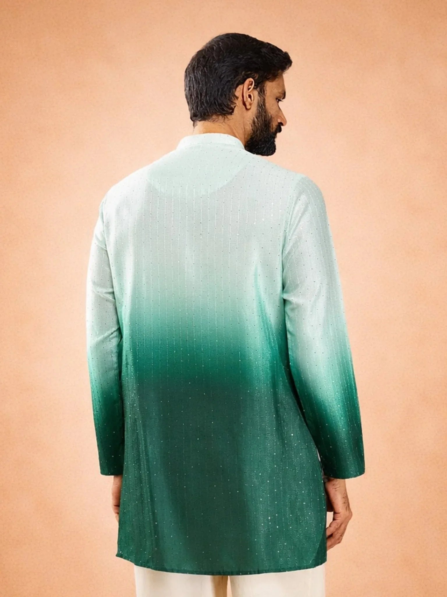Men's Bottle Green Silk Blend Ombre Sequin Kurta
