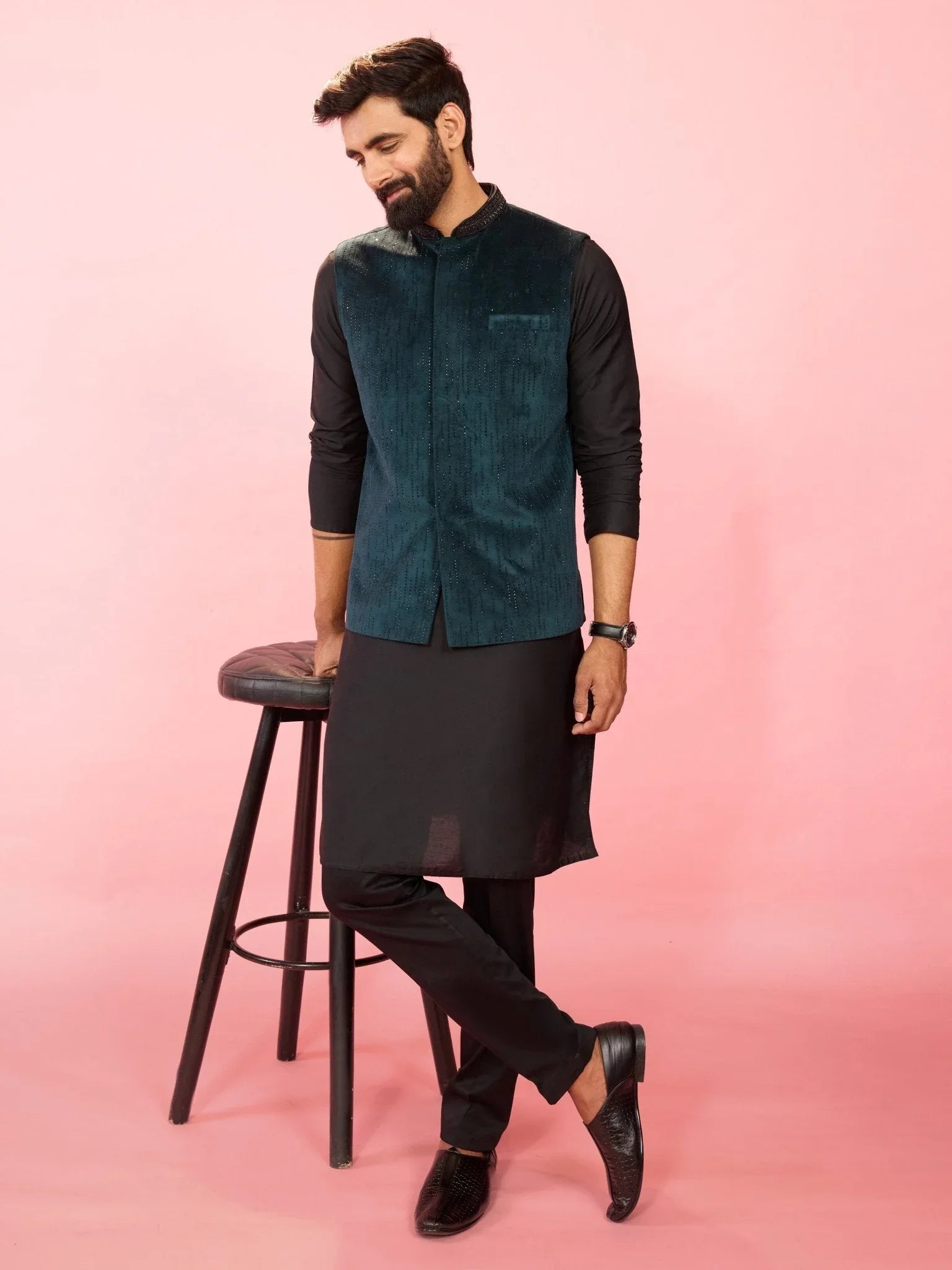 Men's Bottle Green Velvet Stone Work Sleeveless Nehru Jacket