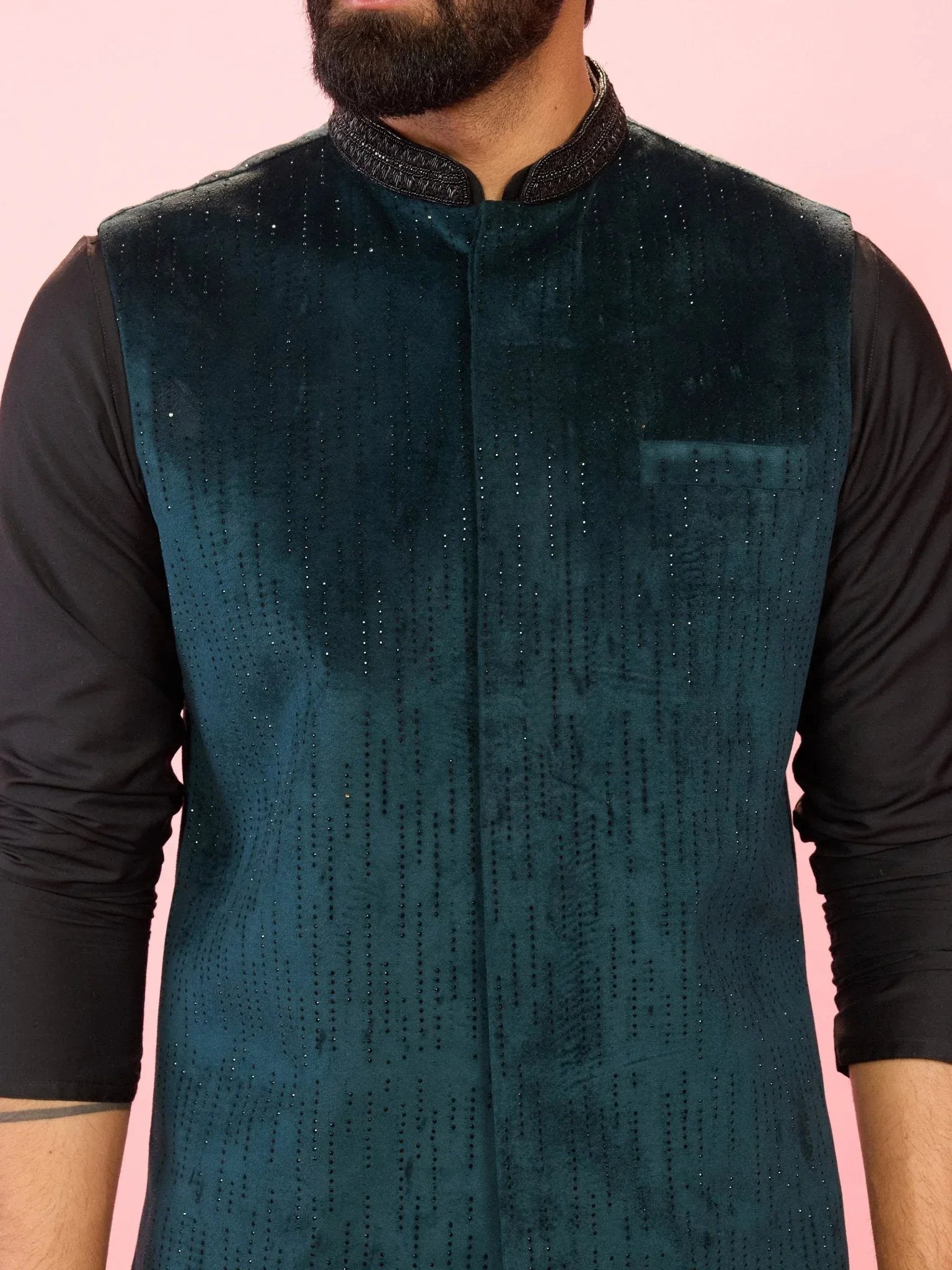 Men's Bottle Green Velvet Stone Work Sleeveless Nehru Jacket