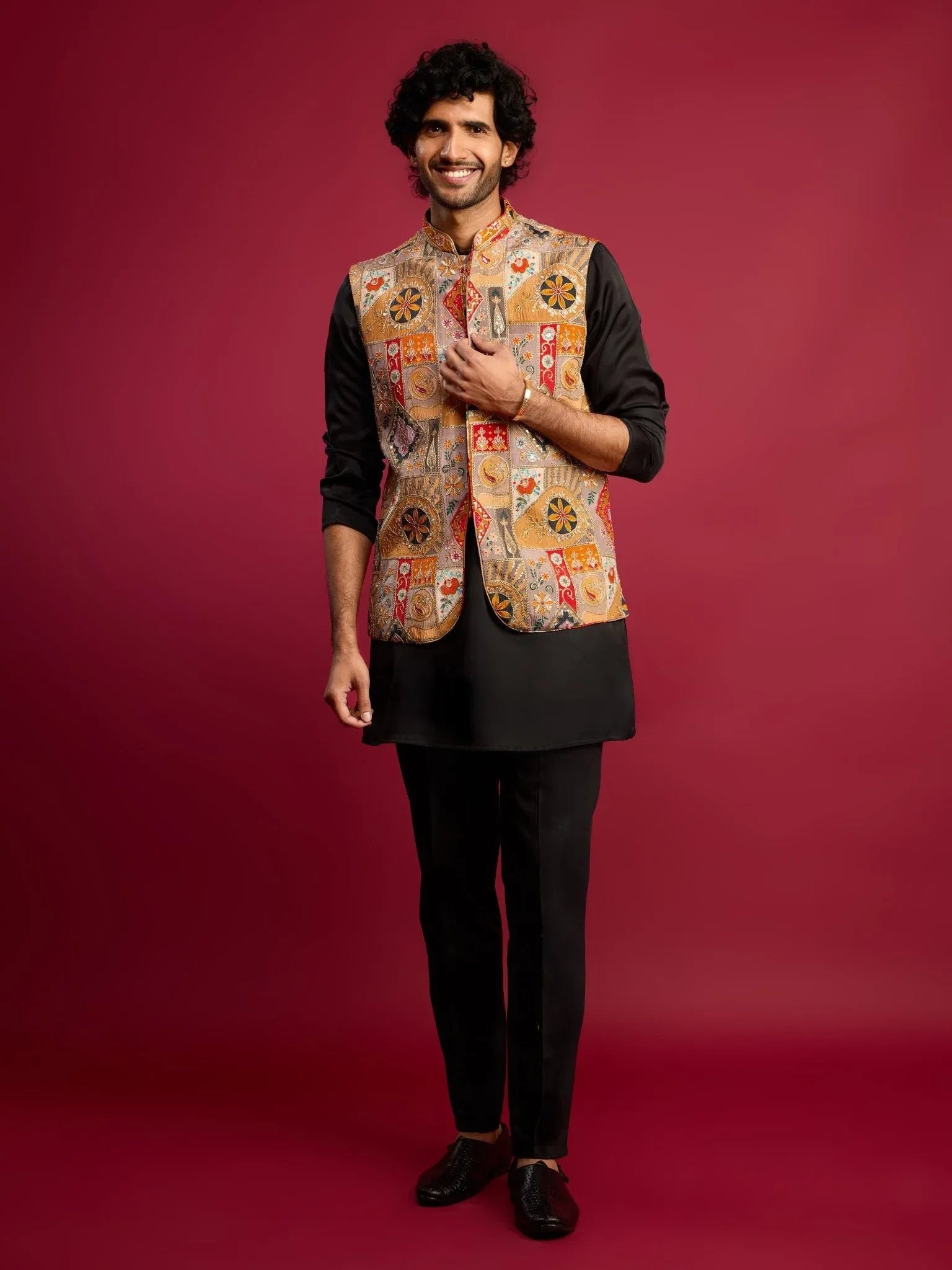 Men's Chiku Embroidered Nehru Jacket with Black Kurta & Pant Set