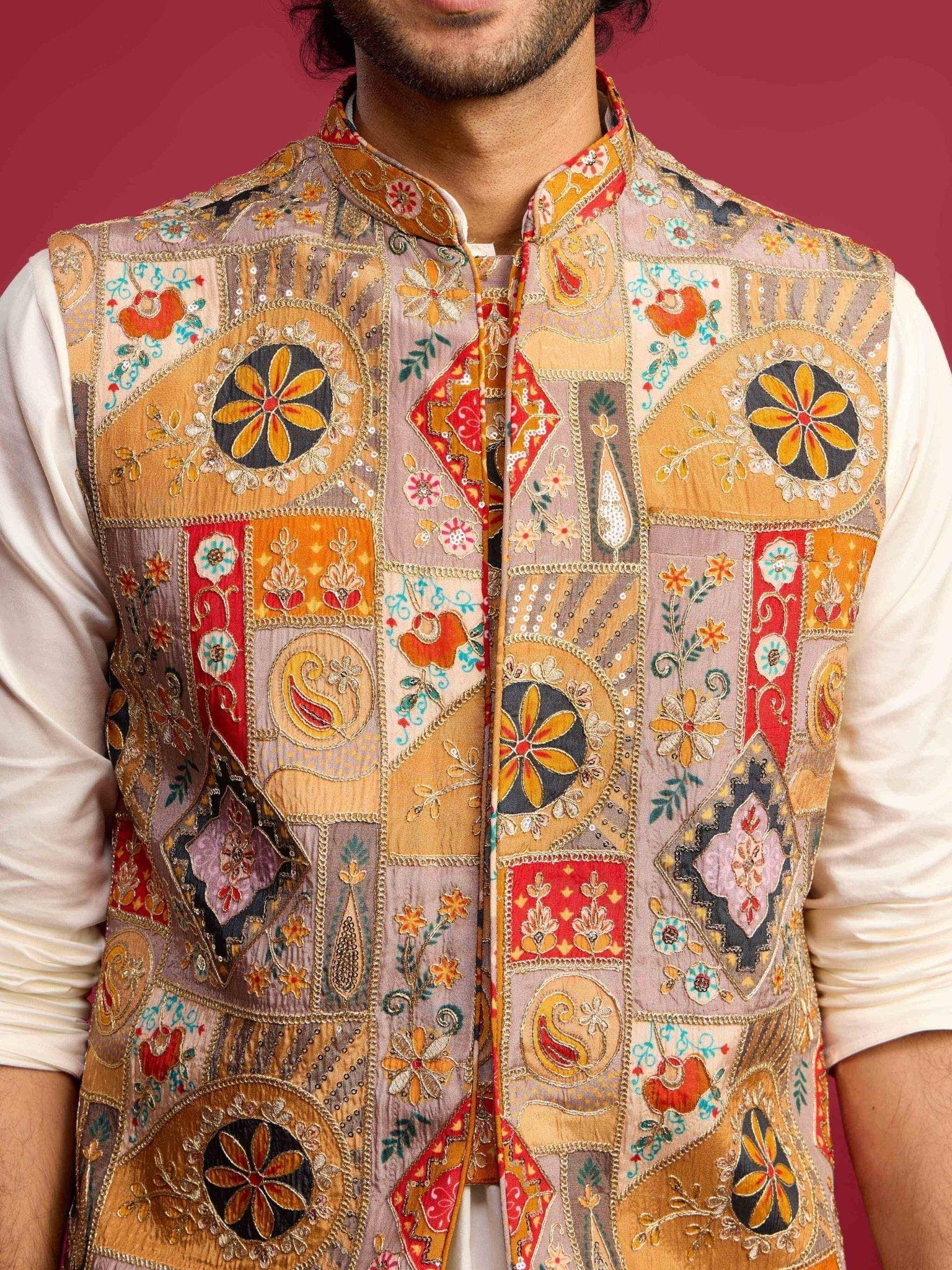 Men's Chiku Embroidered Nehru Jacket with Cream Kurta & Pant Set