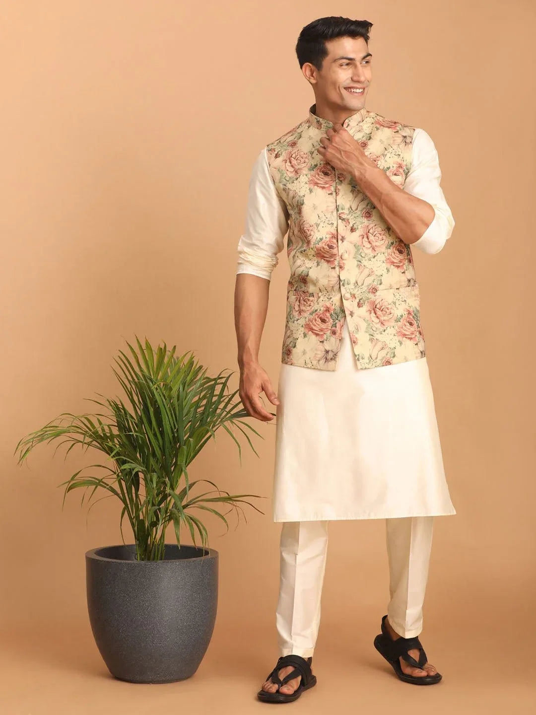 Men's Chiku Floral Print Nehru Jacket with Cream Kurta Pyjama Set