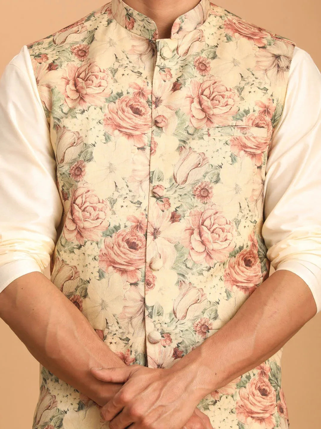 Men's Chiku Floral Print Nehru Jacket with Cream Kurta Pyjama Set