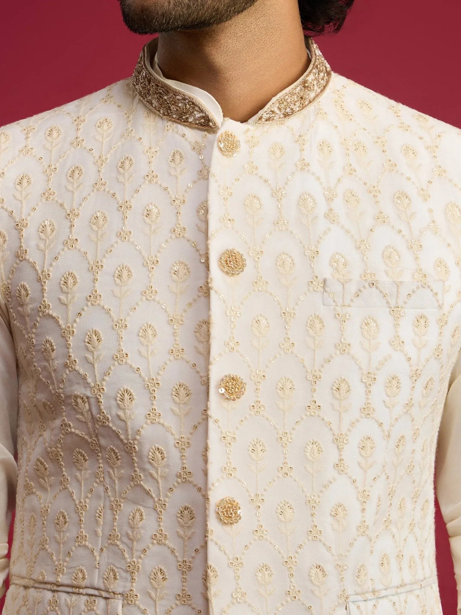 Men's Cream Embroidered Georgette Nehru Jacket
