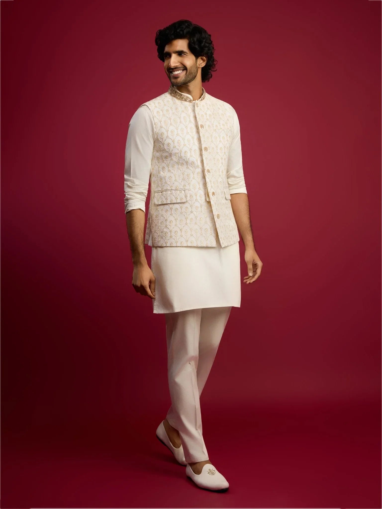 Men's Cream Embroidered Georgette Nehru Jacket