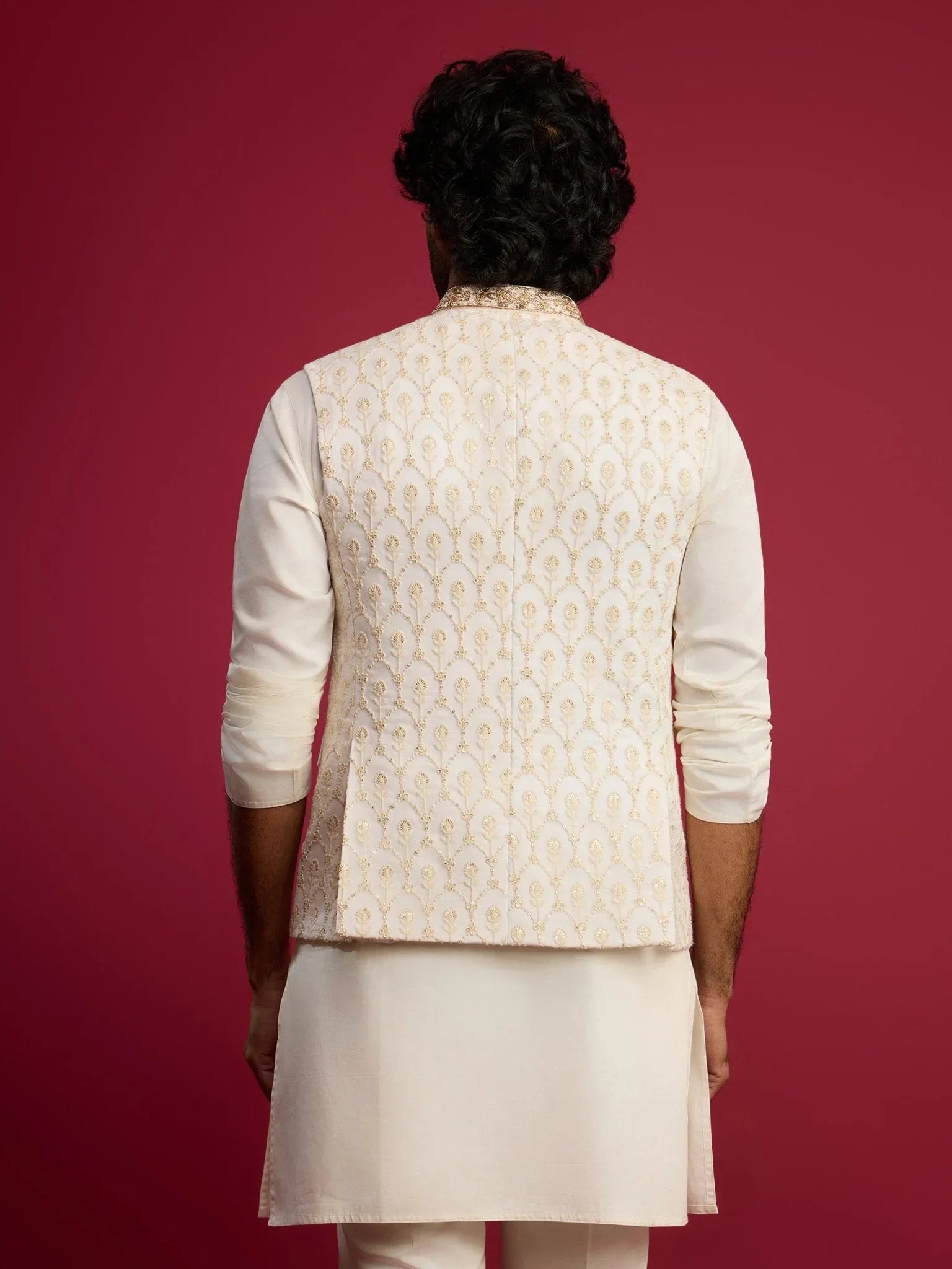 Men's Cream Embroidered Georgette Nehru Jacket