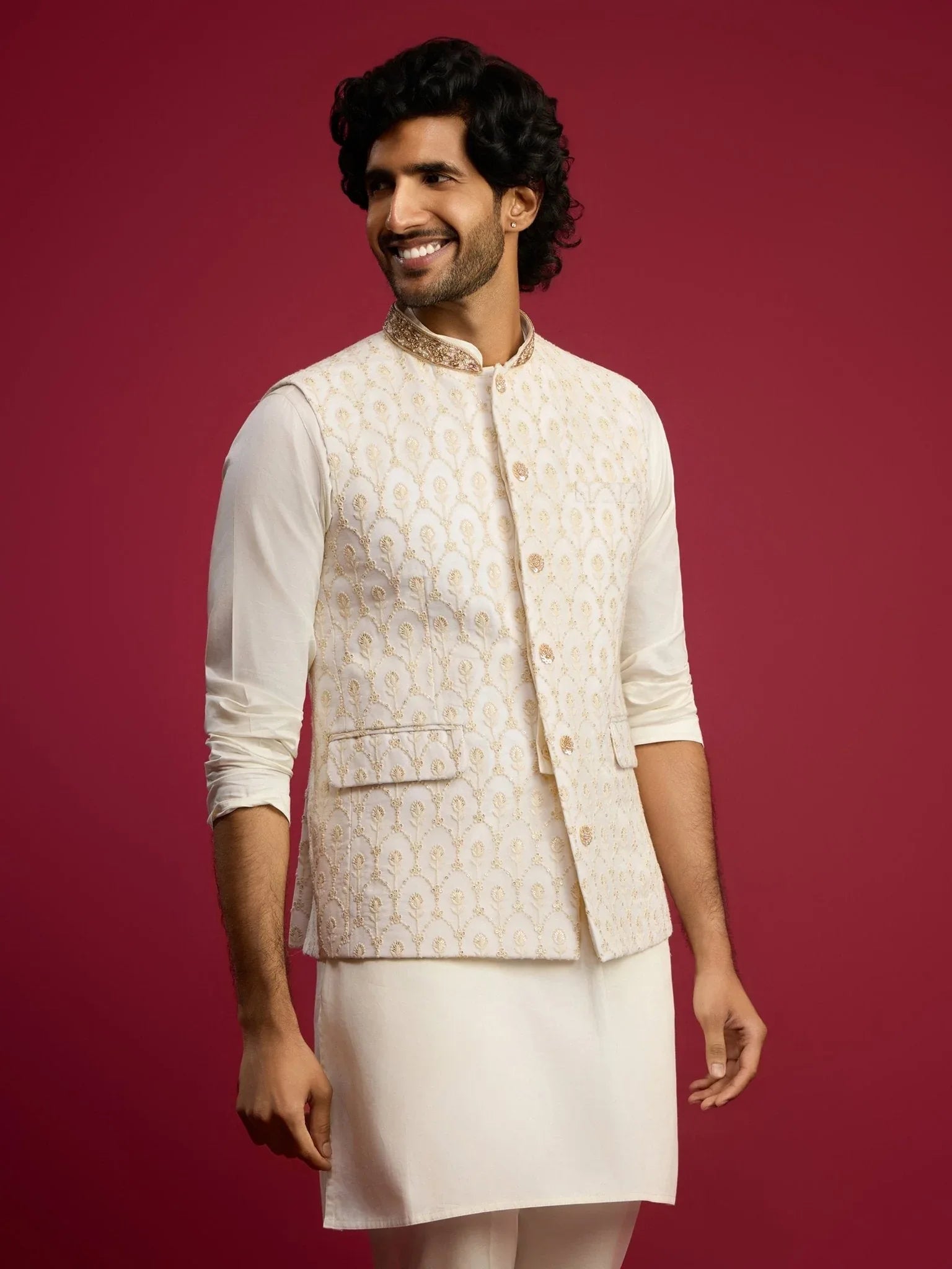 Men's Cream Embroidered Georgette Nehru Jacket