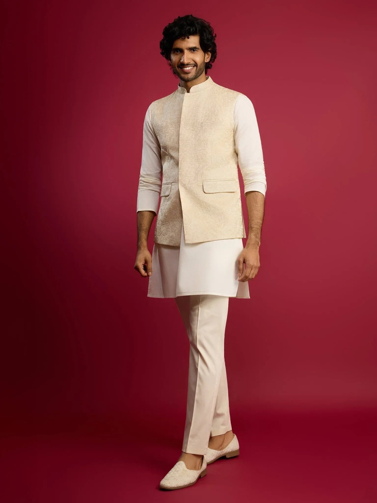 Men's Cream Floral Embroidered Nehru Jacket Set with Fine Satin Kurta & Pant Style Pyjama