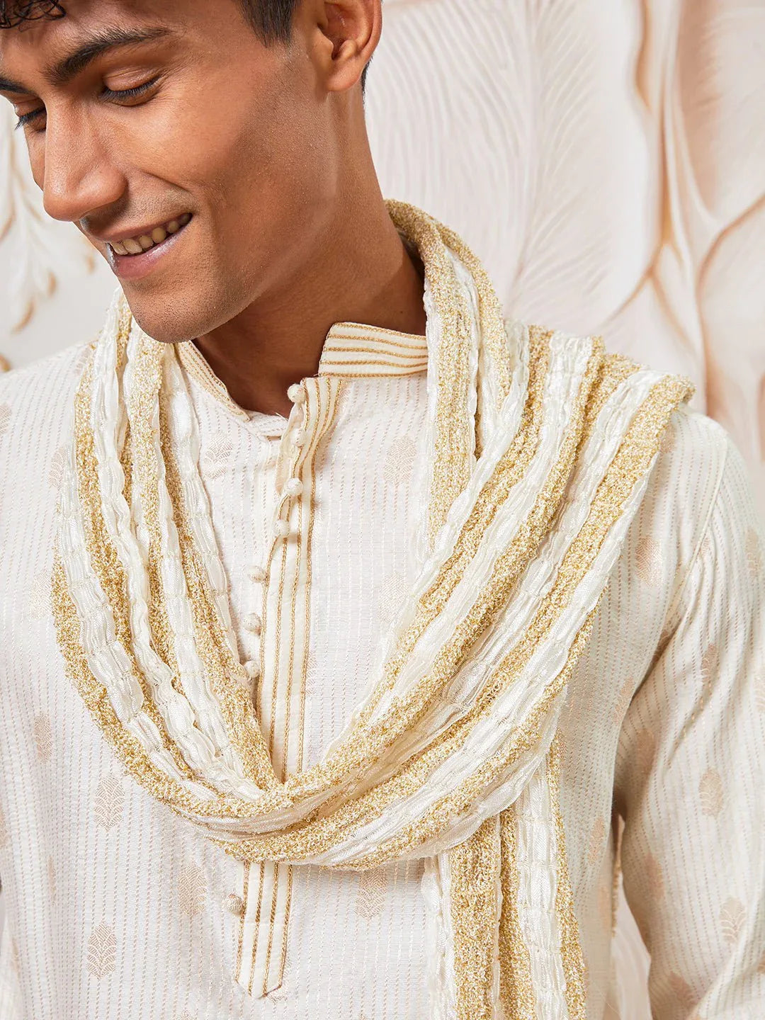 Men's Cream Gold Jacquard Silk Blend Kurta Pyjama Set with White Crushed Dupatta