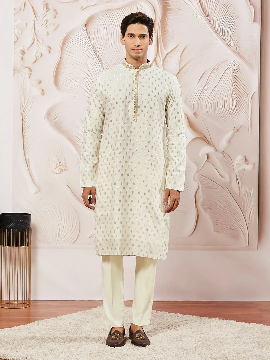 Men's Cream Jacquard Silk Blend Kurta Pyjama Set