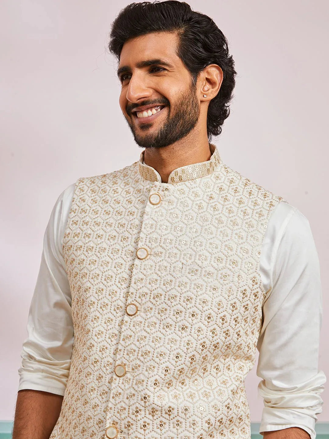 Men's Cream Kurta Pyjama Set with Off White Embroidered Nehru Jacket