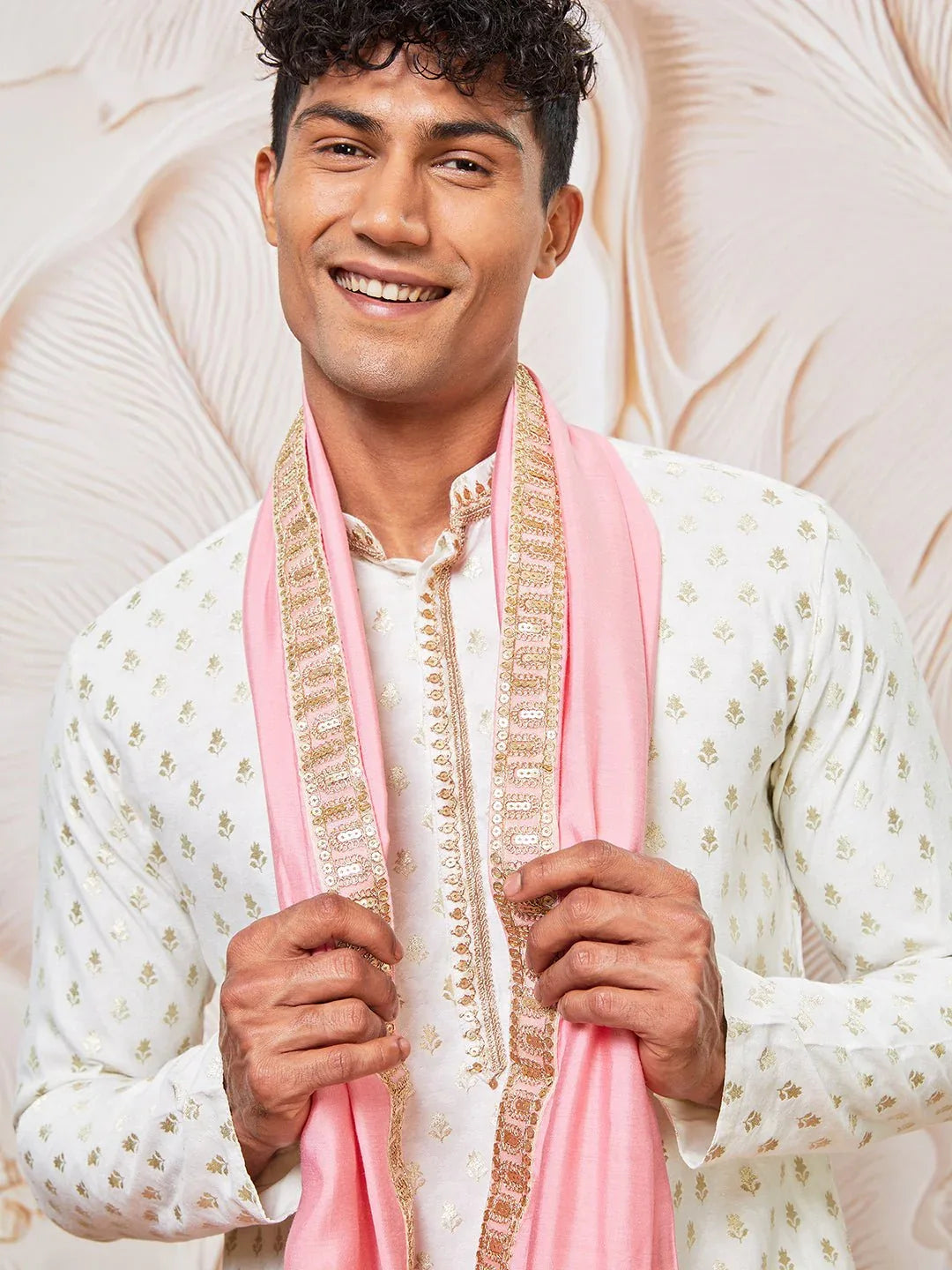 Men's Cream Kurta Pyjama with Embroidered Pink Dupatta Set