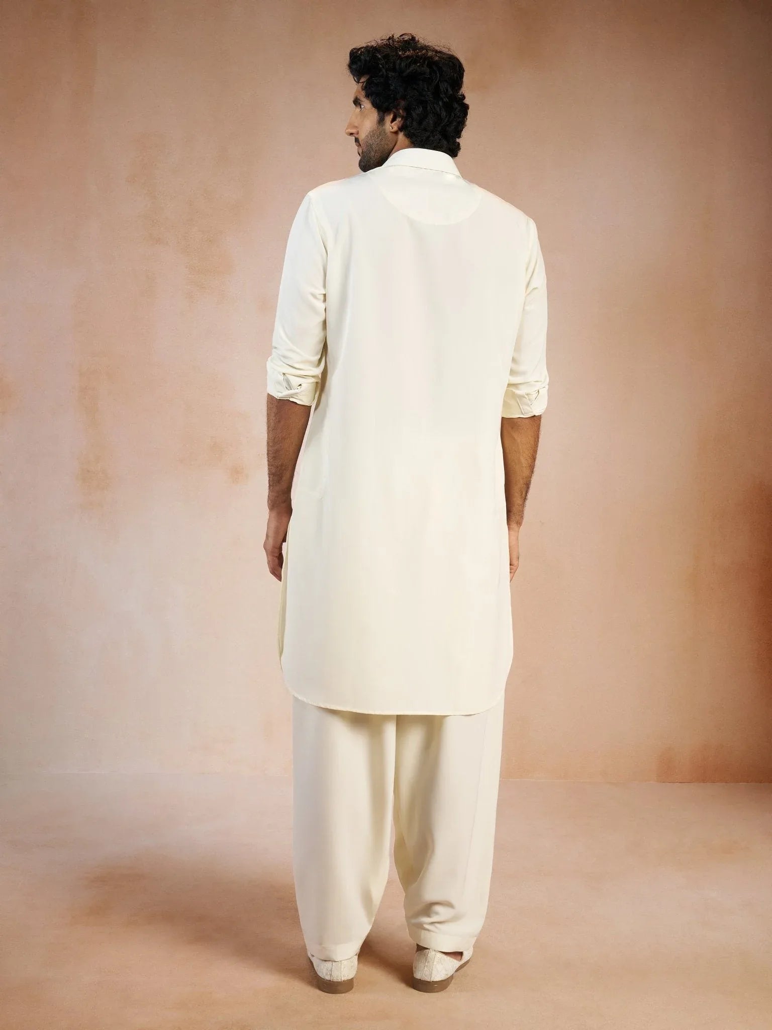 Men's Cream Solid Silk Blend Pathani Kurta with Patiala Pyjama Set