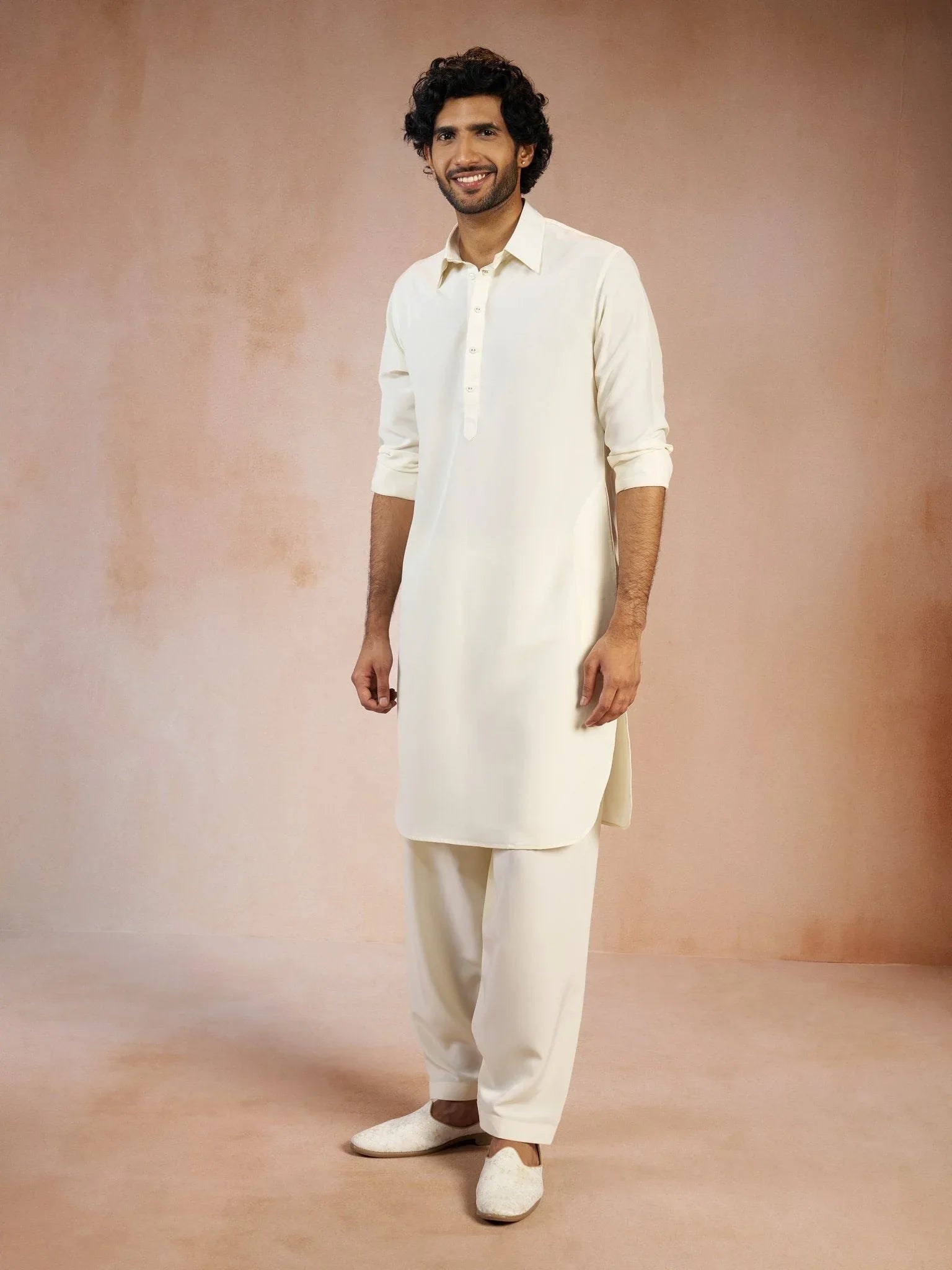 Men's Cream Solid Silk Blend Pathani Kurta with Patiala Pyjama Set