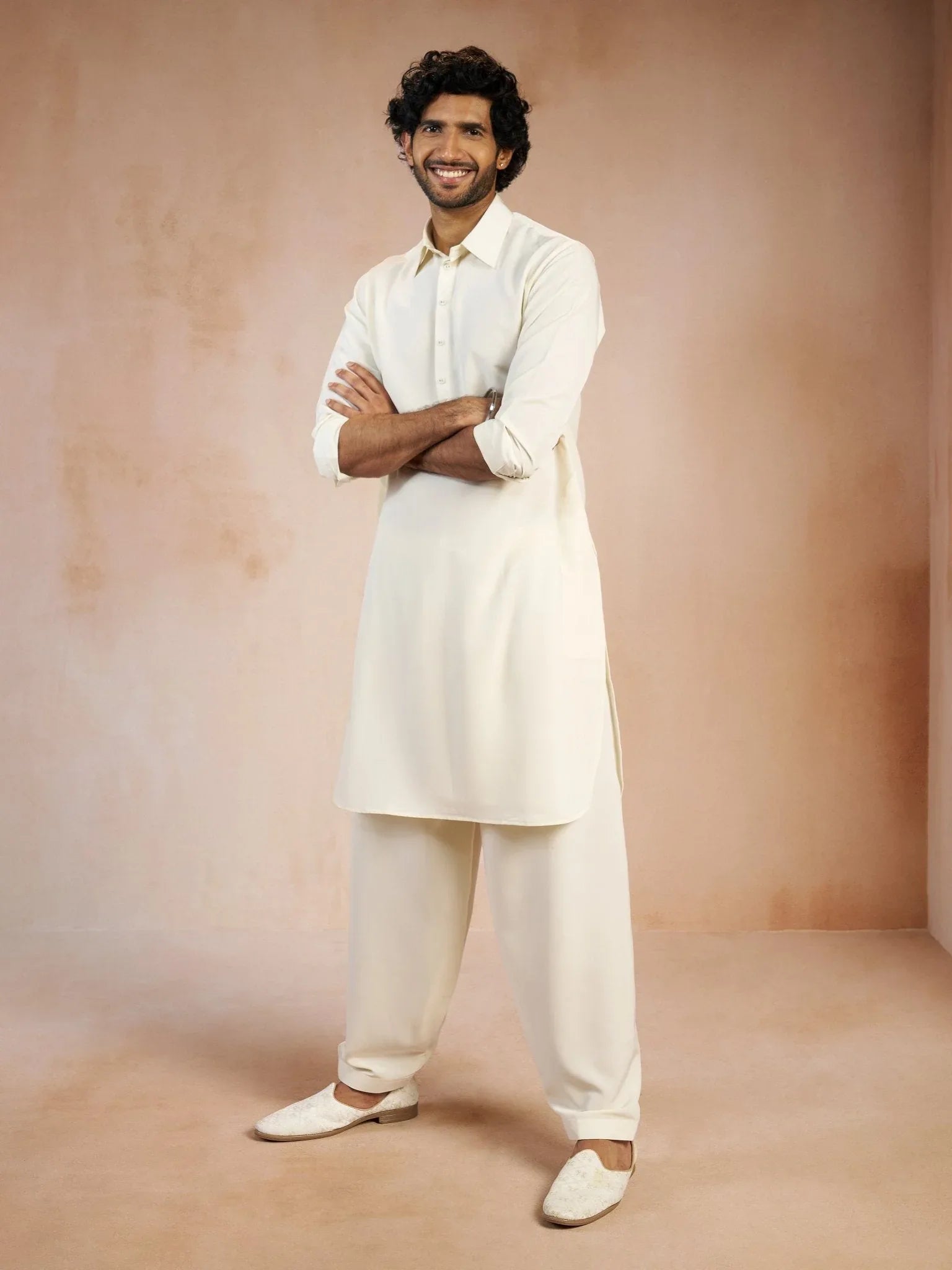 Men's Cream Solid Silk Blend Pathani Kurta with Patiala Pyjama Set