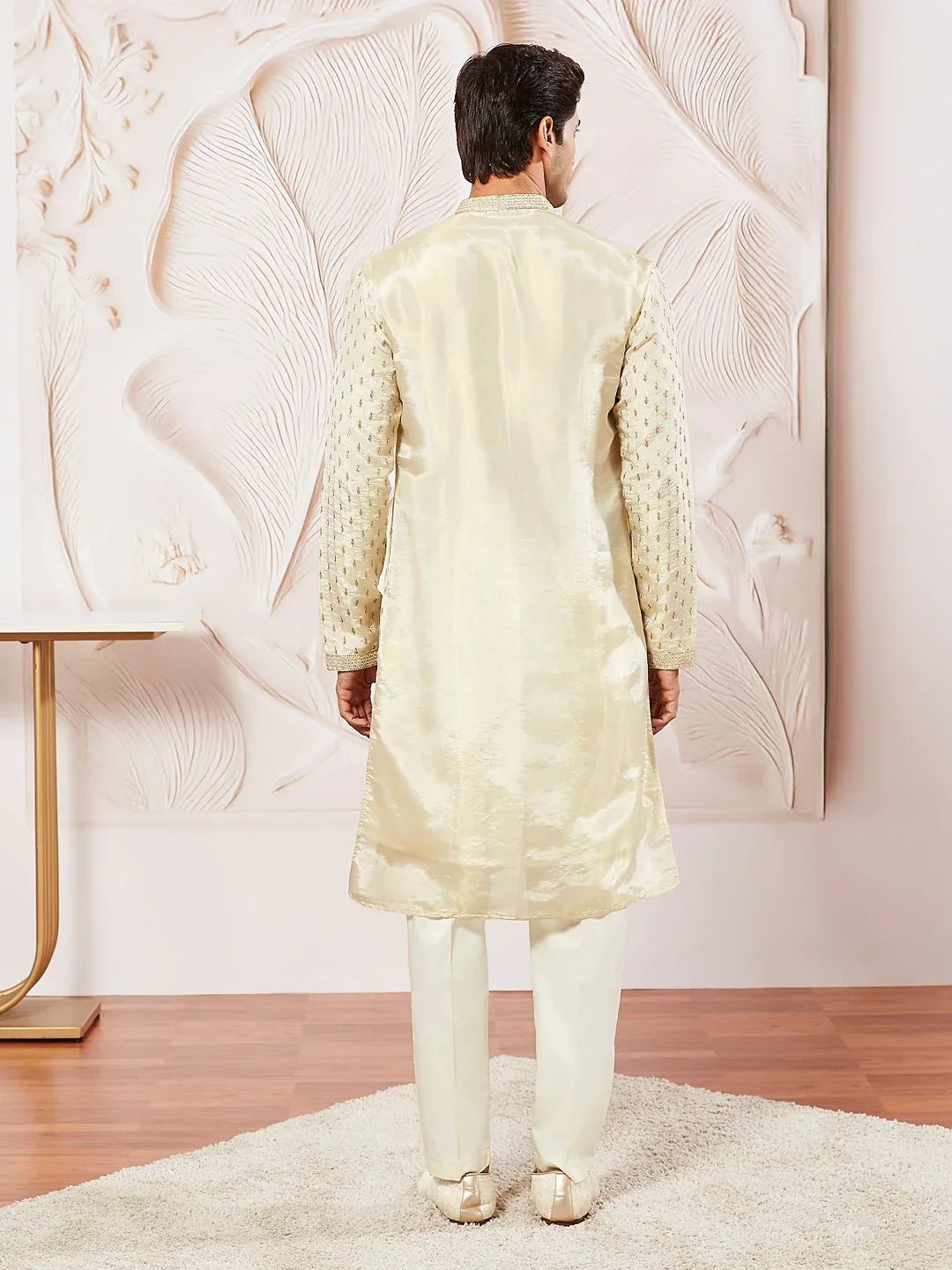 Men's Cream Tissue Silk Zari Embroidered Kurta with Satin Pyjama Set