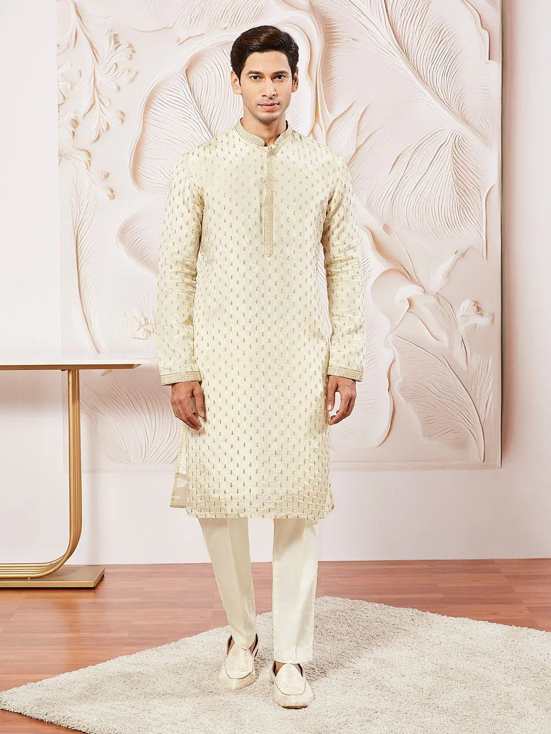 Men's Cream Tissue Silk Zari Embroidered Kurta with Satin Pyjama Set