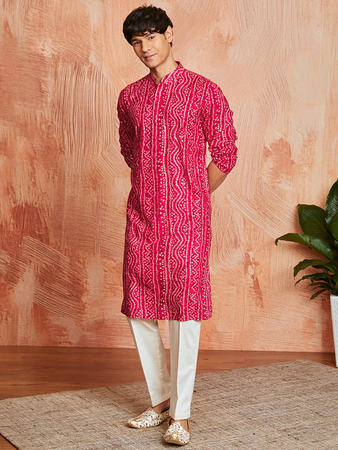 Men's Falsa Bandhni Foil Print Rayon Kurta with Cream Pyjama