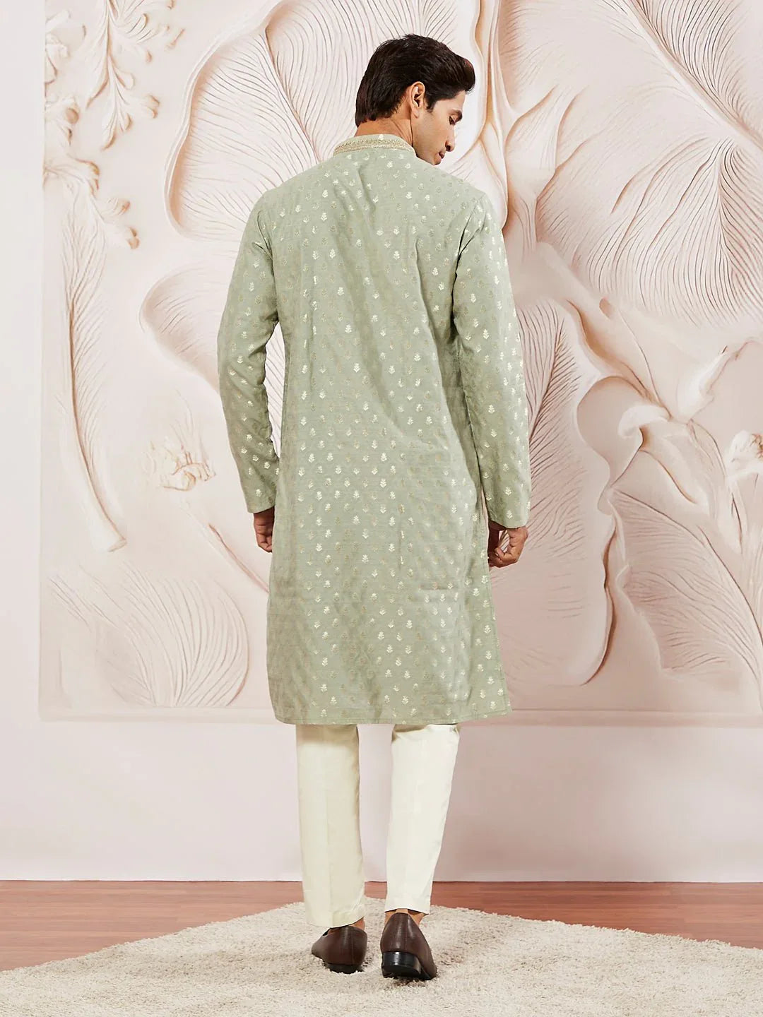 Men's Green Jacquard Silk Blend Kurta Pyjama Set