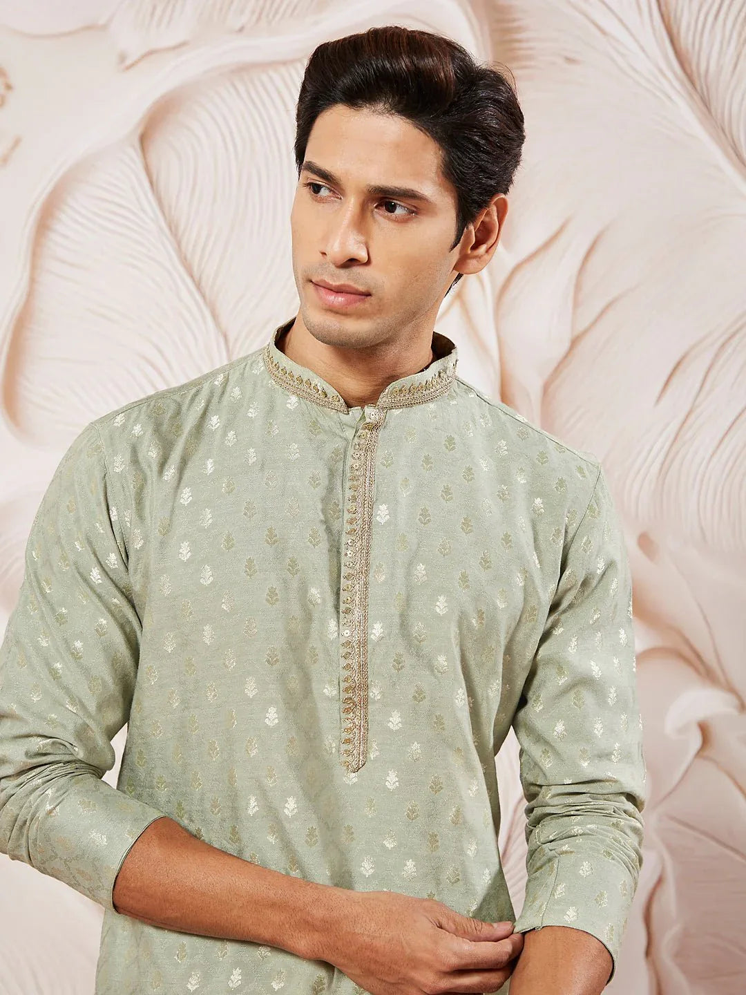 Men's Green Jacquard Silk Blend Kurta Pyjama Set