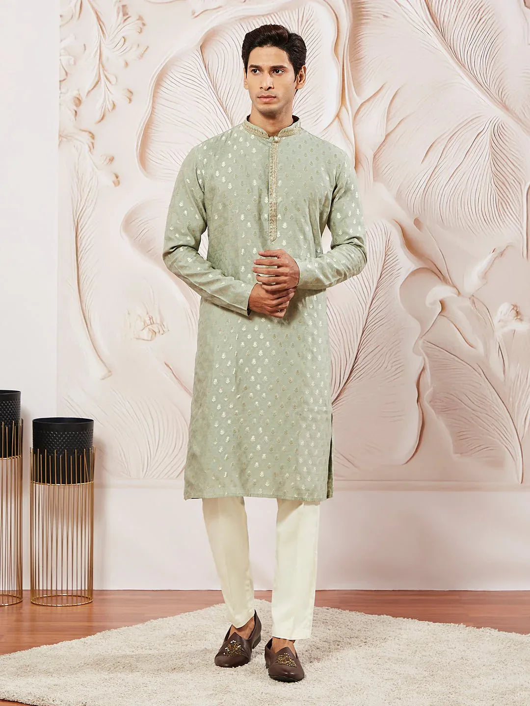 Men's Green Jacquard Silk Blend Kurta Pyjama Set
