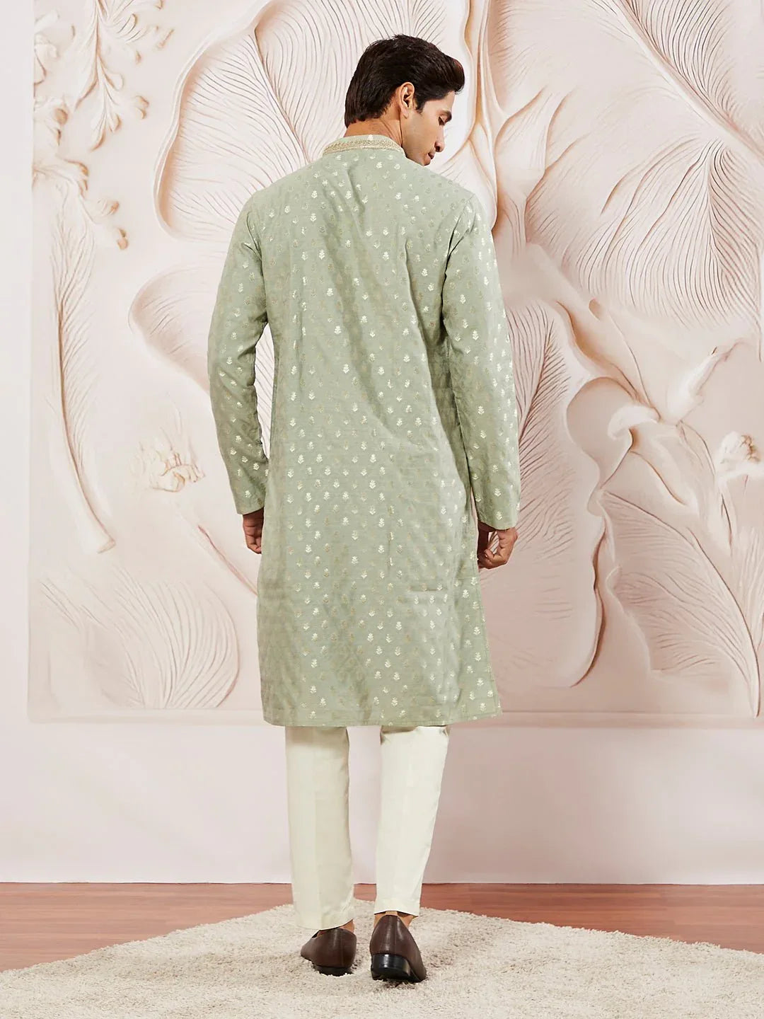 Men's Green Kurta Pyjama with Woven Dupatta Set