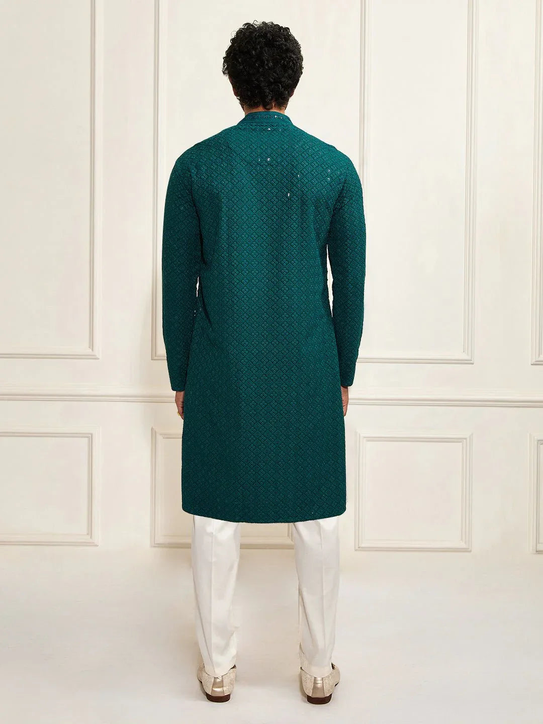 Men’s Green Shifli Sequin Embroidered Kurta with cream Pyjama Set
