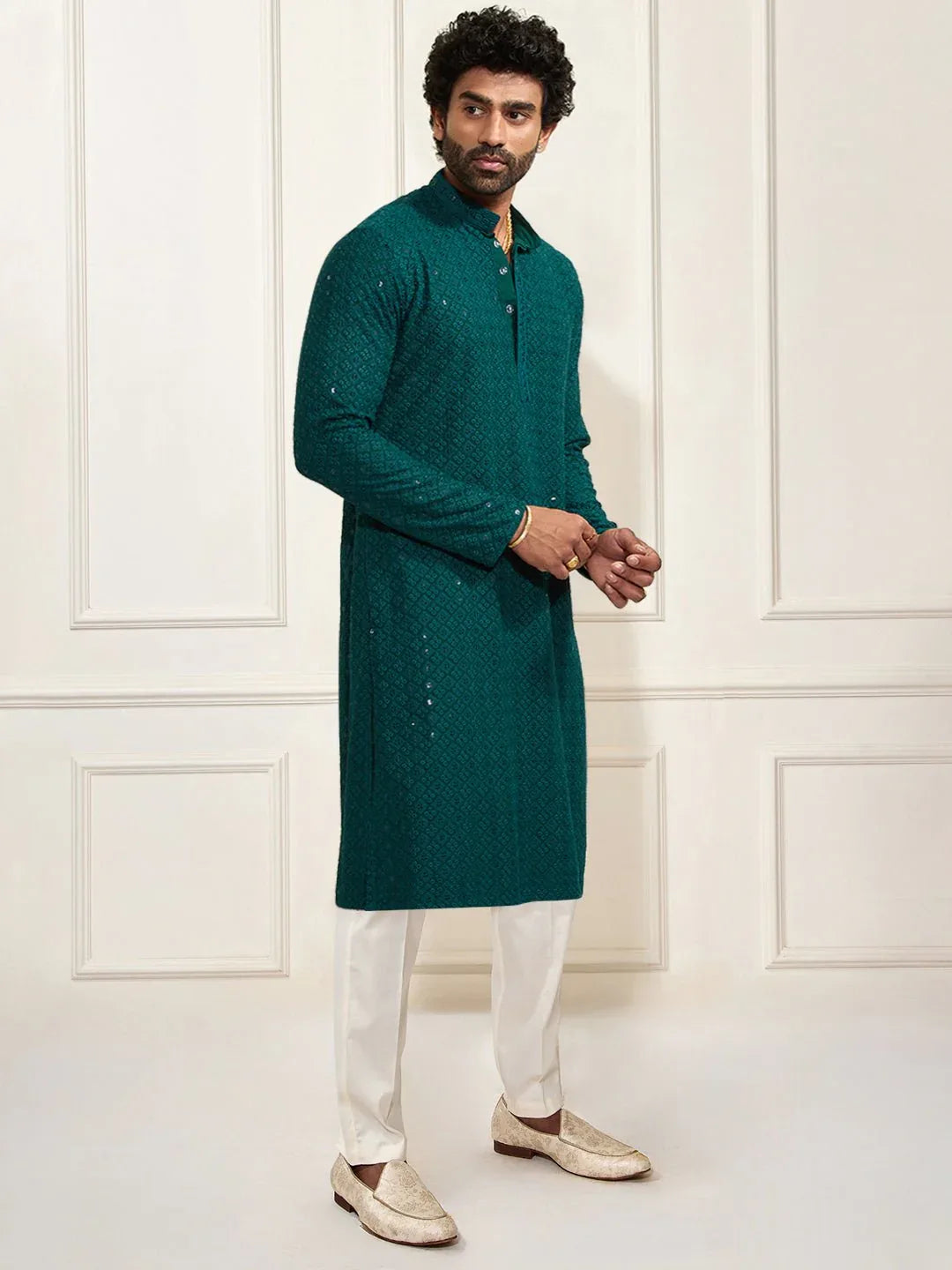 Men’s Green Shifli Sequin Embroidered Kurta with cream Pyjama Set