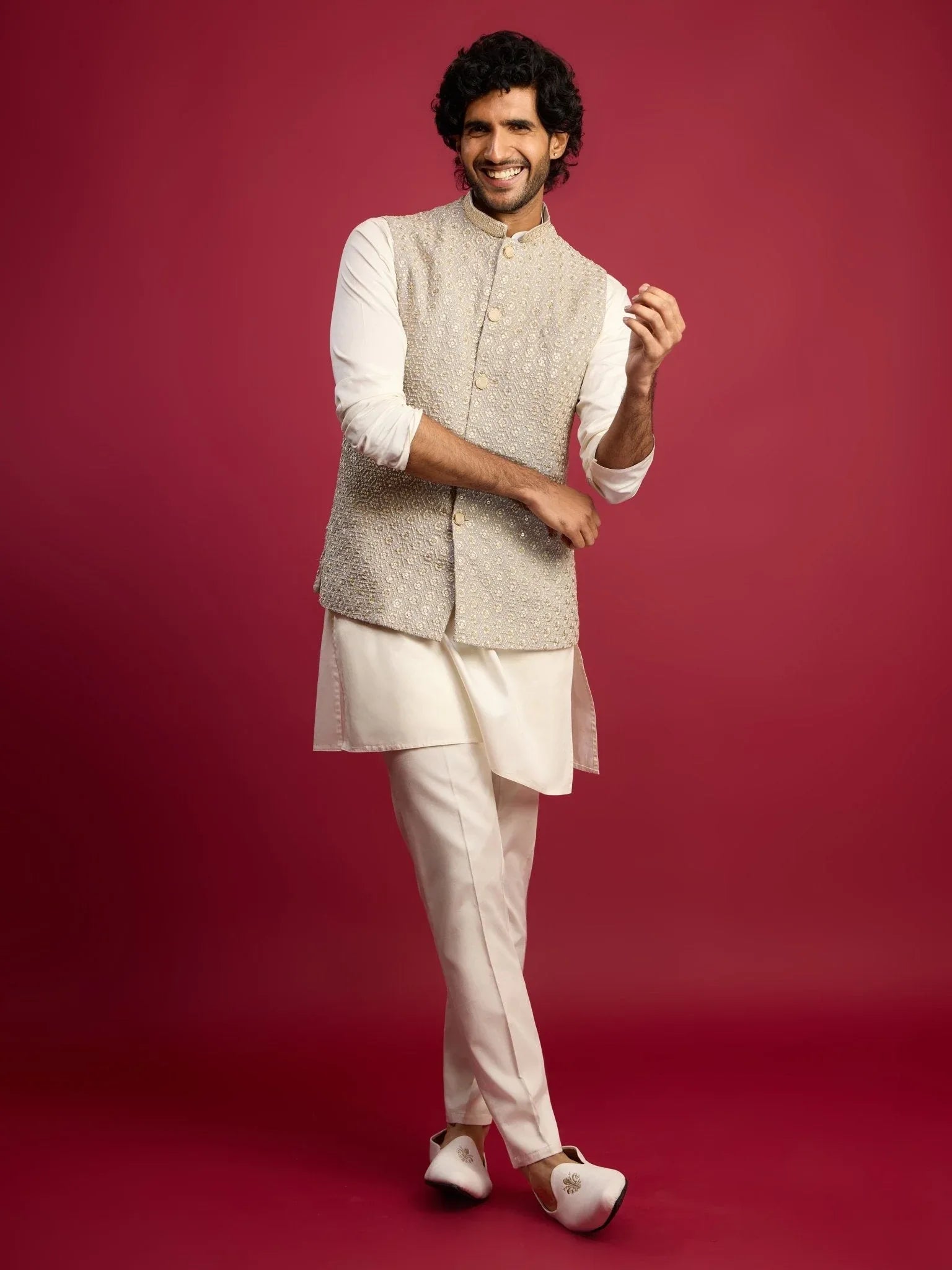 Men's Grey Chikankari Nehru Jacket with Cream Satin Kurta Pant Set