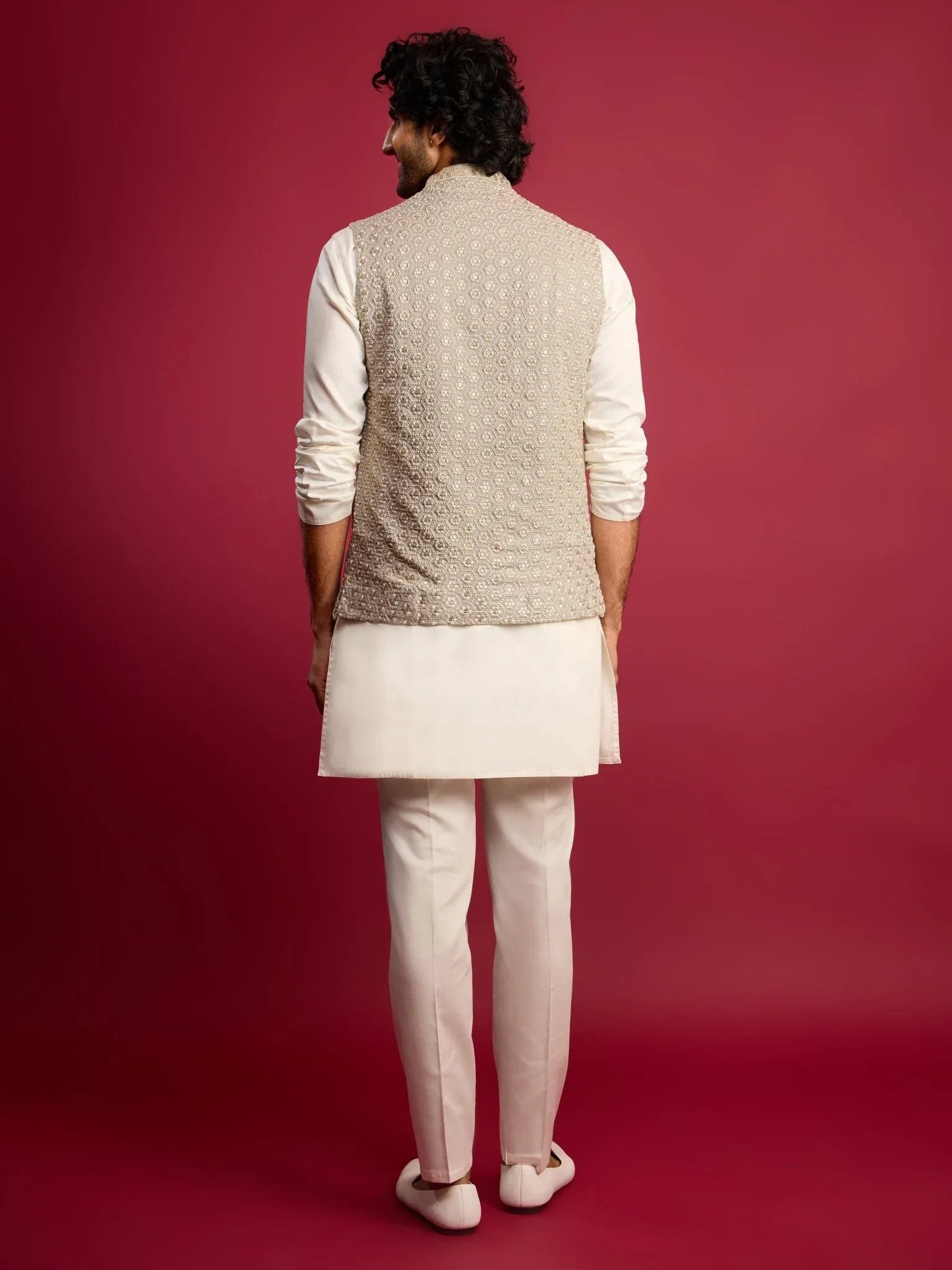Men's Grey Chikankari Nehru Jacket with Cream Satin Kurta Pant Set